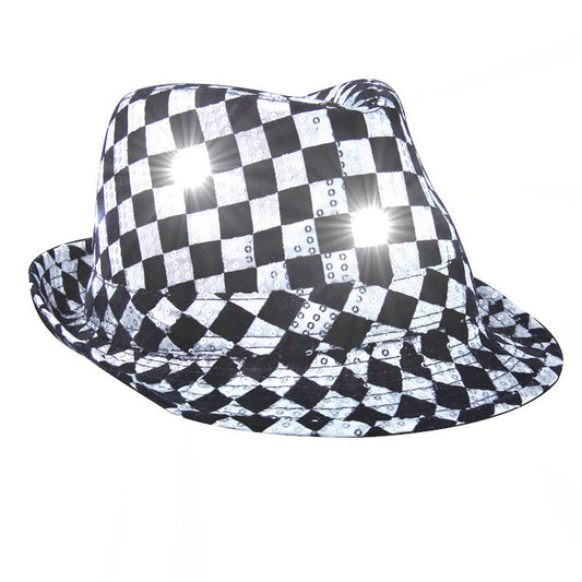 Light Up LED Flashing Fedora Hat with Checkered Sequins