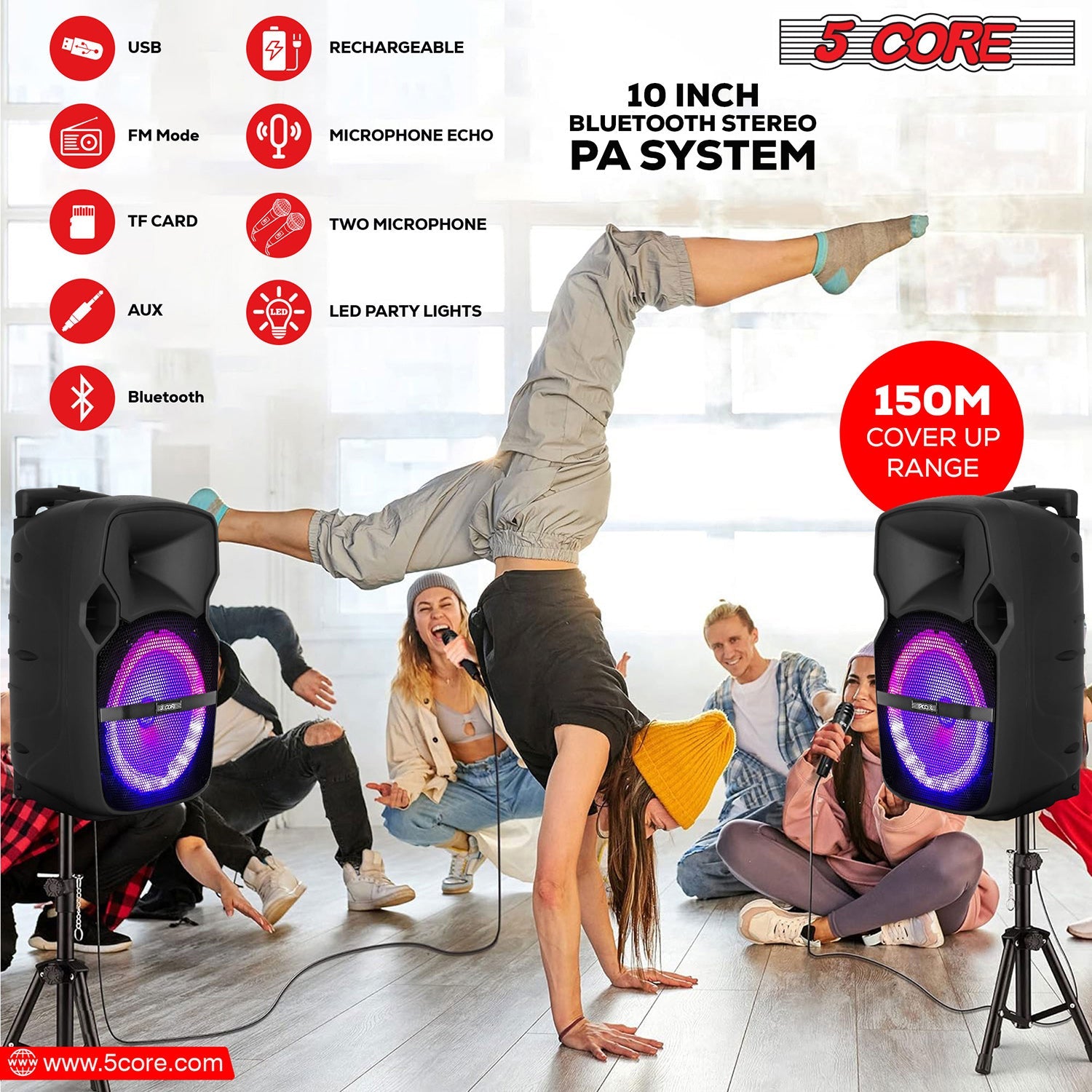 5Core 10 Inch PA Monitor DJ Speaker Bluetooth 400W  Portable Audio System + 2 UHF Wireless Microphones Black-4