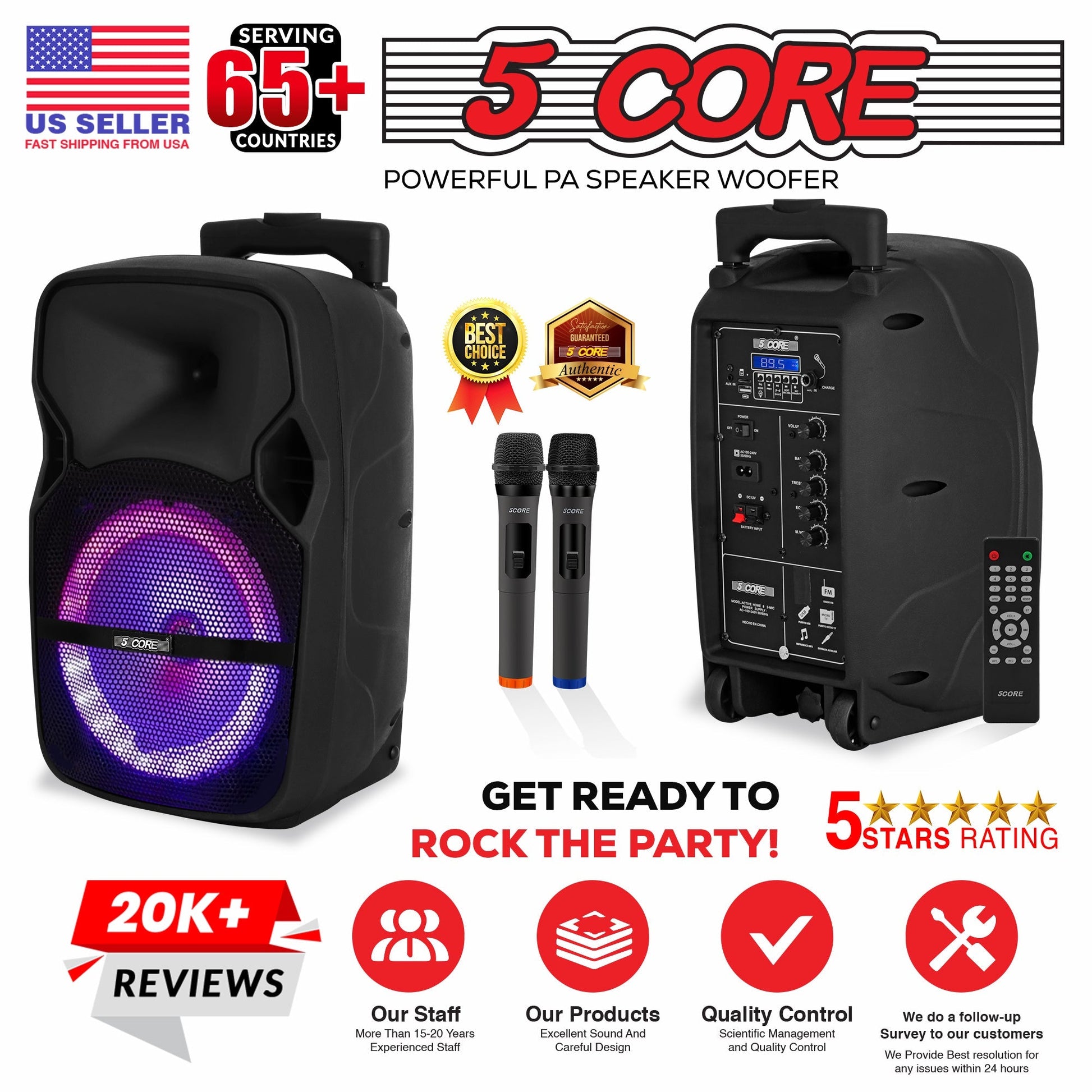 5 Core DJ Speakers 8" Rechargeable Powered PA System 250W Loud Speaker - Active Home 8 2-MIC-14