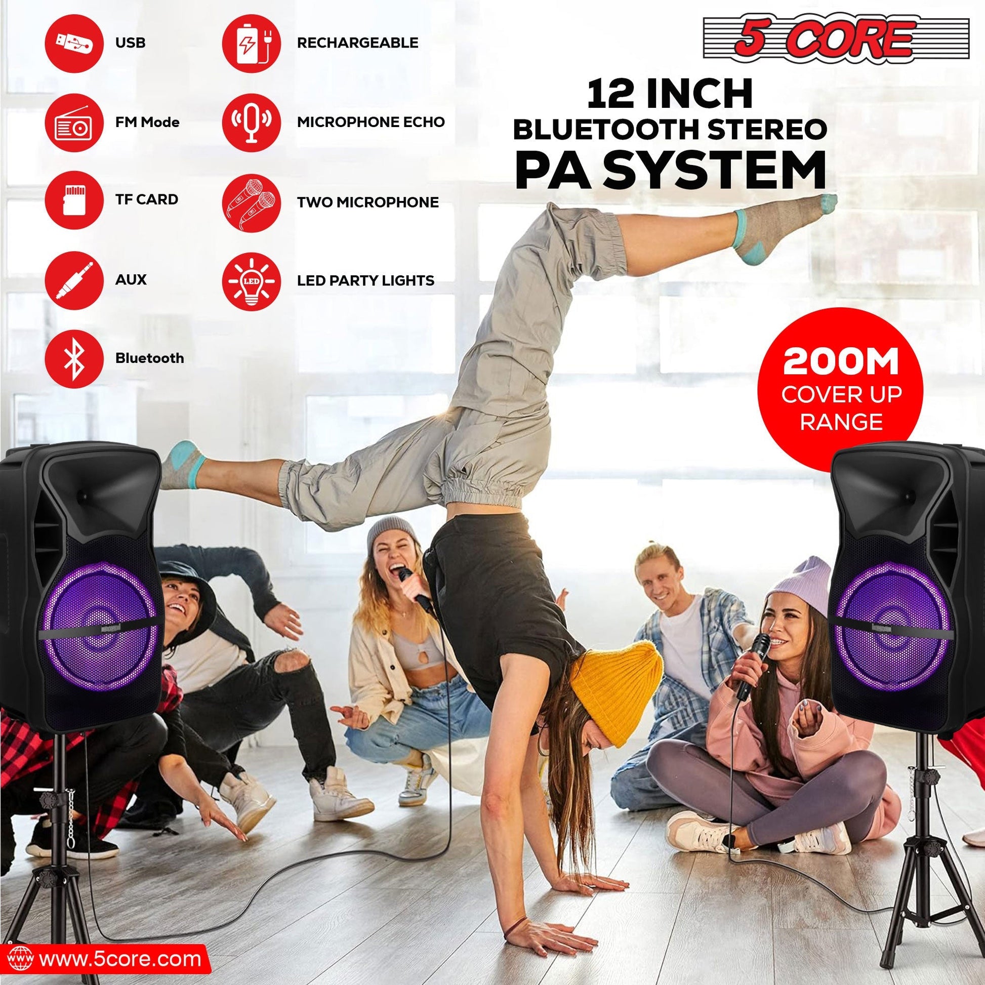 5 Core DJ Speakers 12" Rechargeable Powered PA System 250W Loud Speaker - ACTIVE HOME 12 2-MIC-3