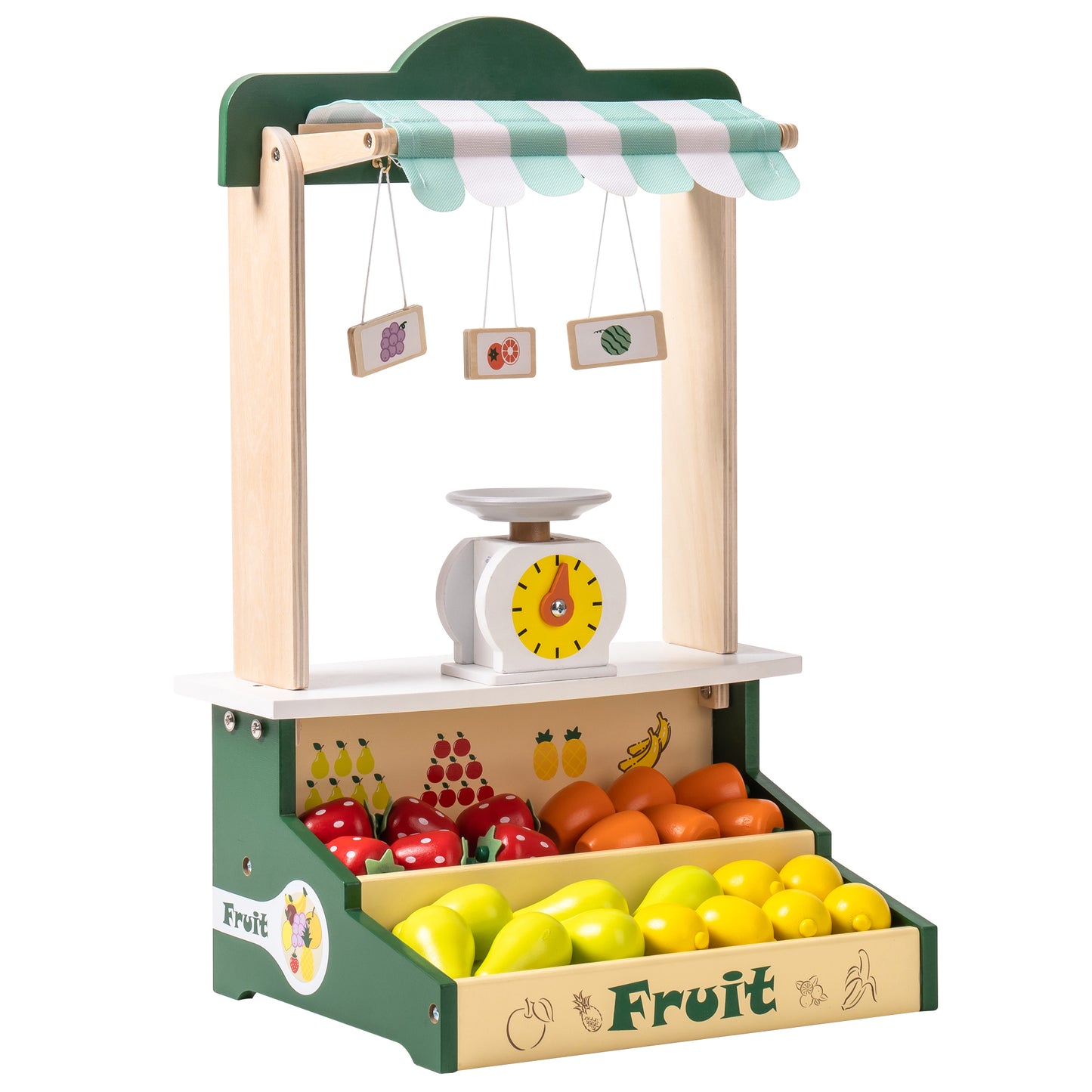 Wooden Farmers Market Stand Fruit Stall, Toy Grocery Store Set for Kids