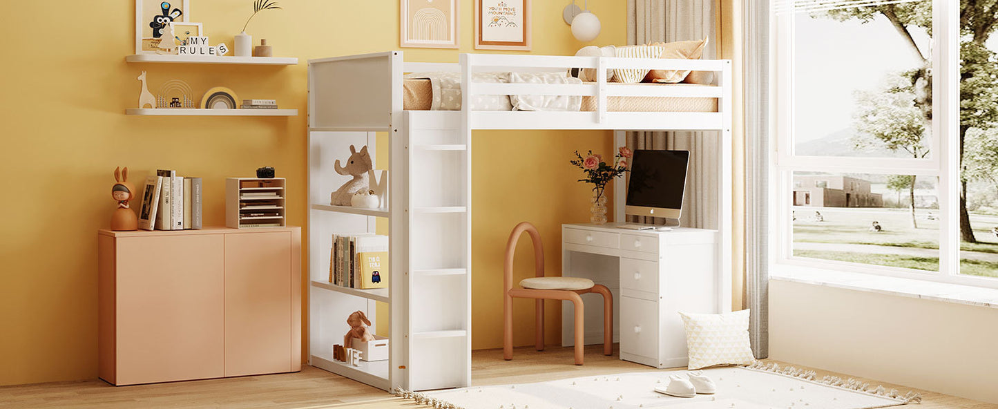 Twin Size Loft Bed with Ladder, Shelves, and Desk, White