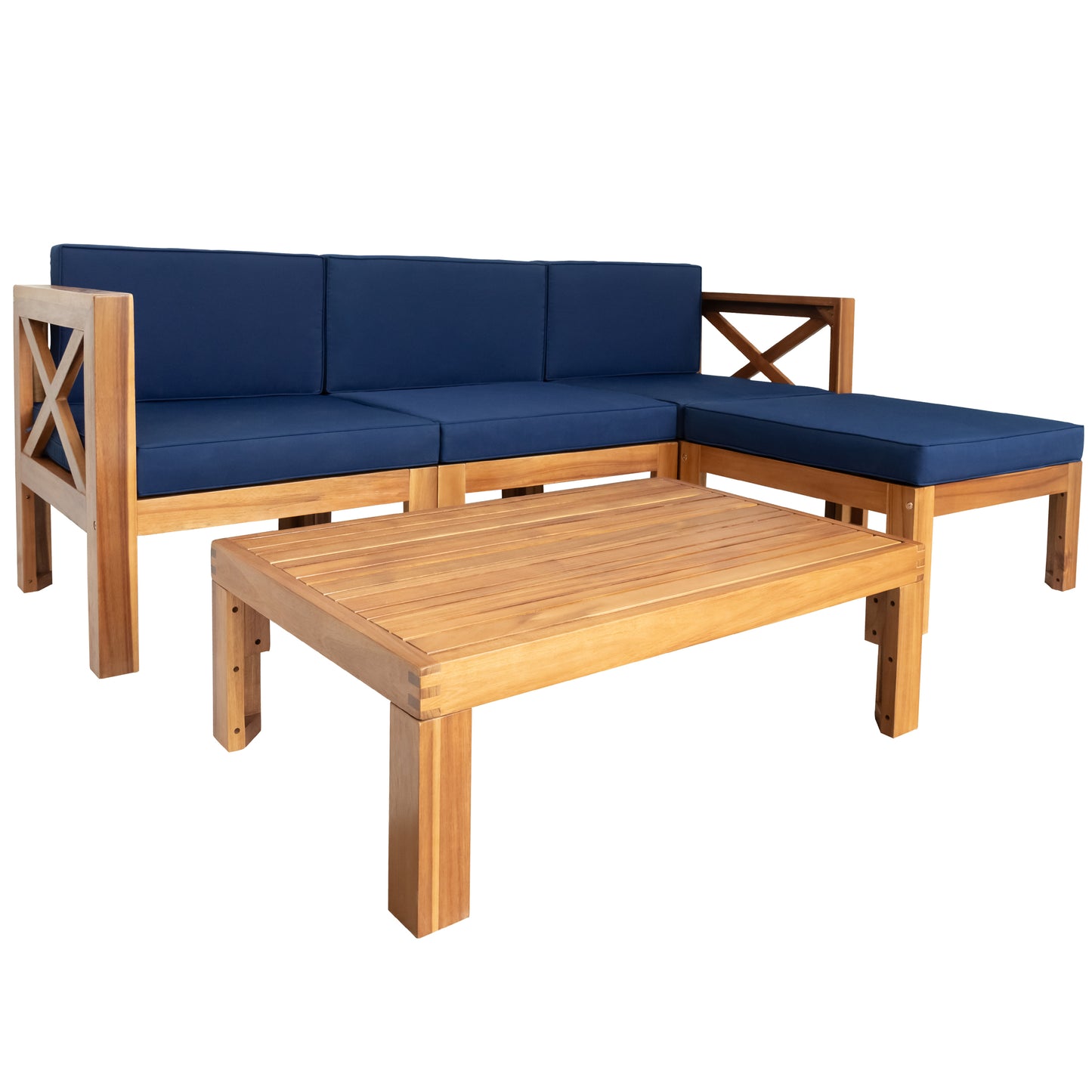 TOPMAX Outdoor Backyard Patio Wood 5-Piece Sectional Sofa Seating Group Set with Cushions, Natural Finish+ Blue Cushions