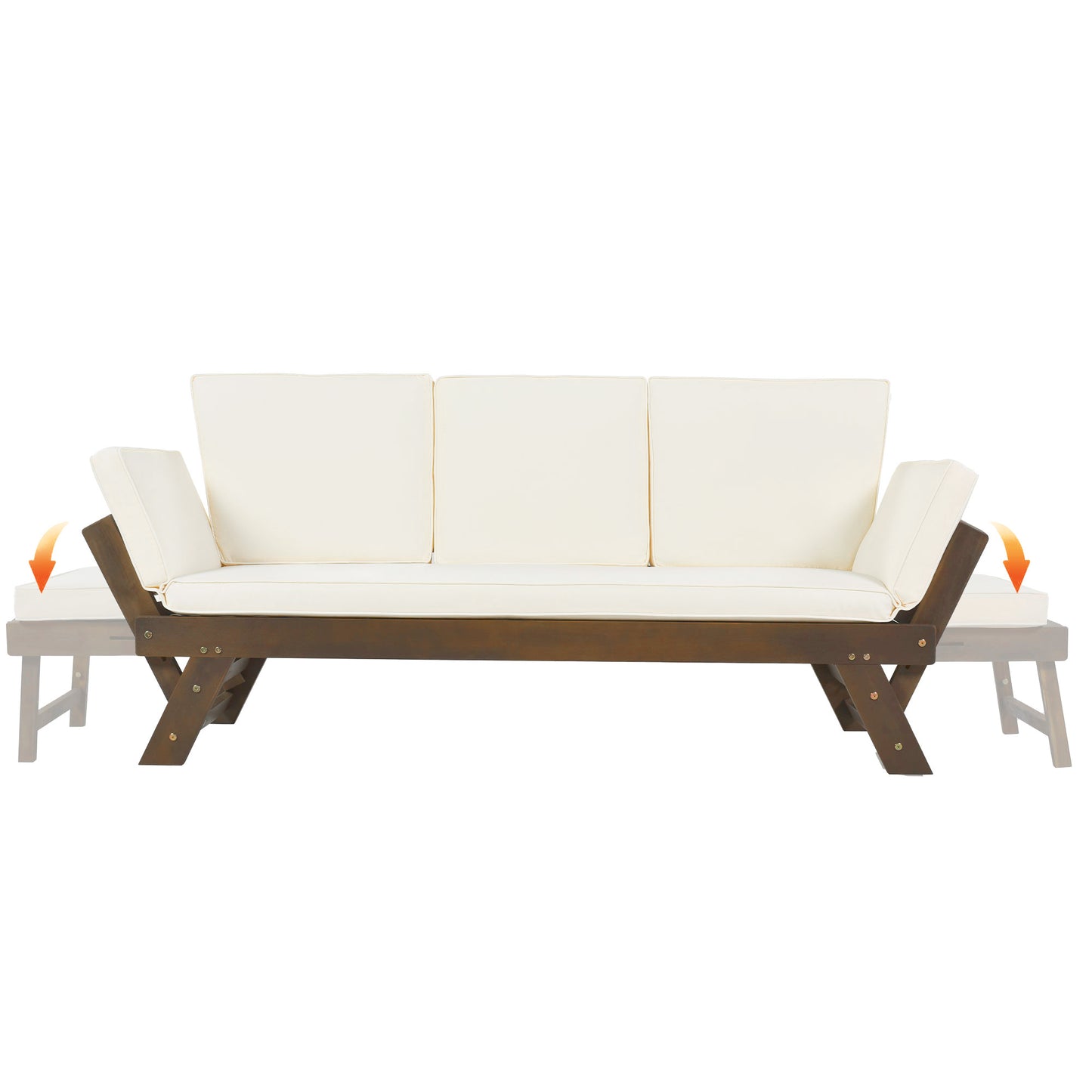 TOPMAX Outdoor Adjustable Patio Wooden Daybed Sofa Chaise Lounge with Cushions for Small Places, Brown Finish+Beige Cushion