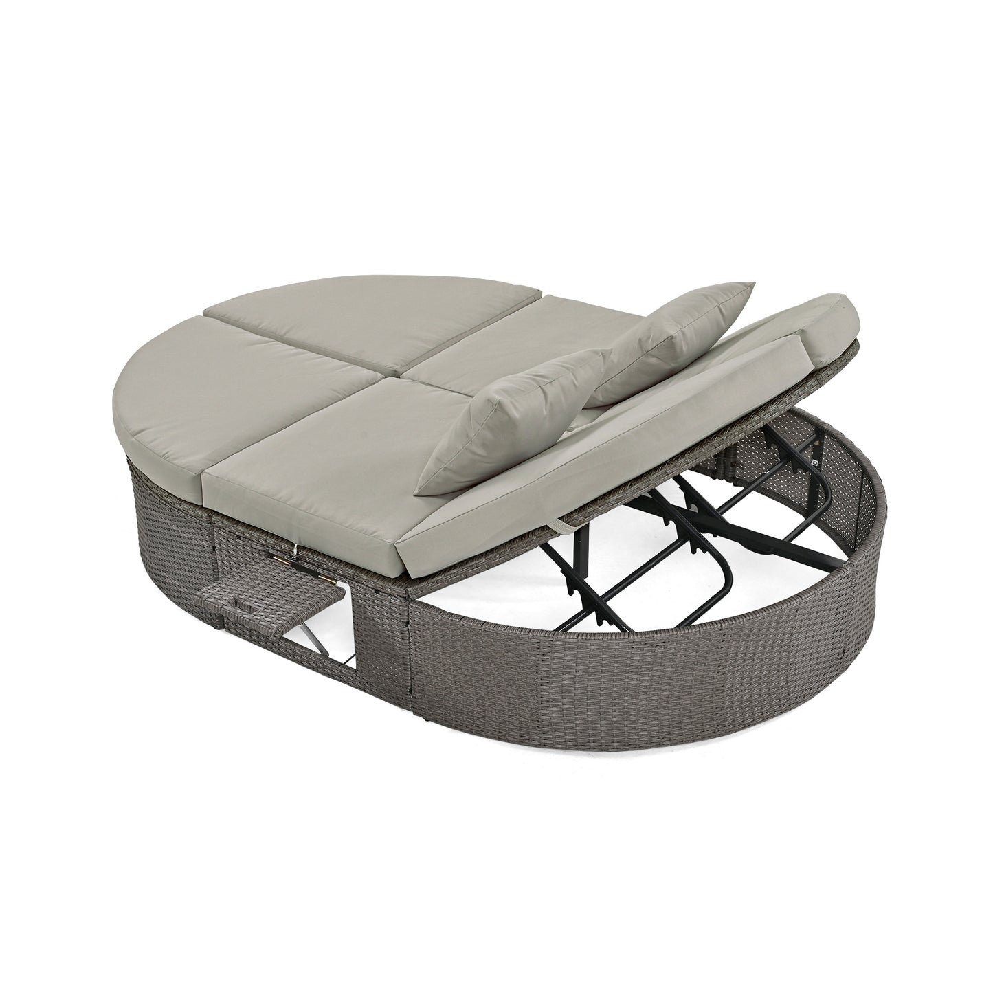 TOPMAX Outdoor Sun Bed Patio 2-Person Daybed with Cushions and Pillows, Rattan Garden Reclining Chaise Lounge with Adjustable Backrests and Foldable Cup Trays for Lawn,Poolside, Gray