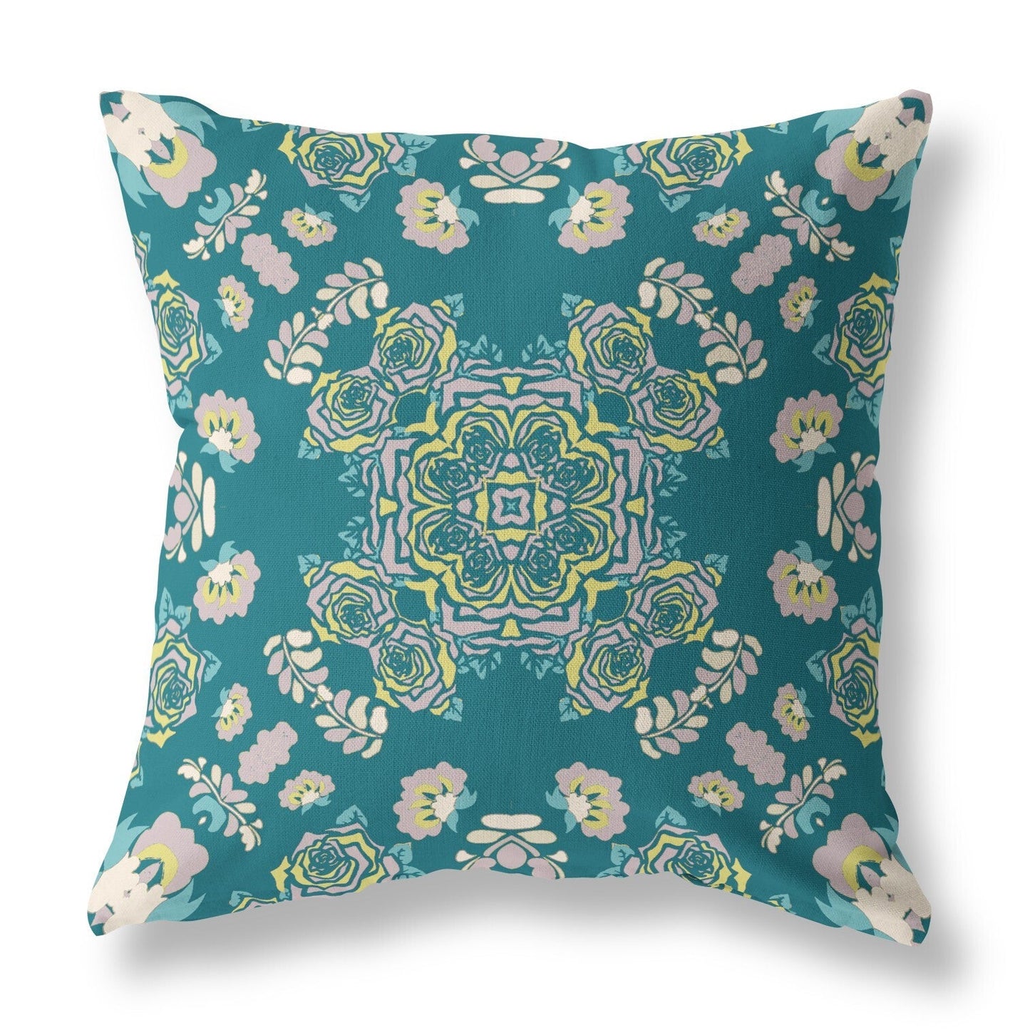 20" Teal Yellow Wreath Indoor Outdoor Zippered Throw Pillow