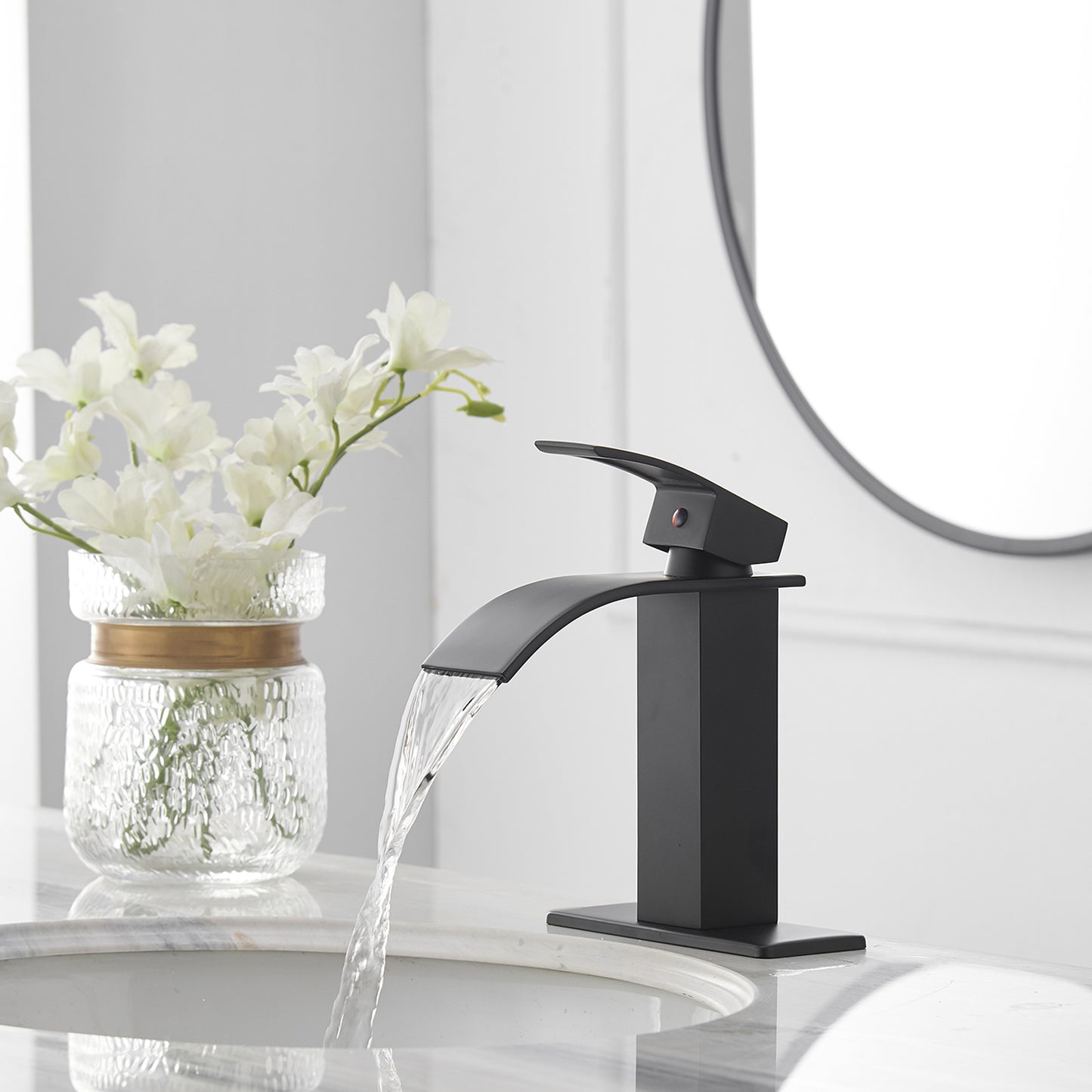 Waterfall Single Hole Single-Handle Low-Arc Bathroom Faucet With Supply Line in Matte Black