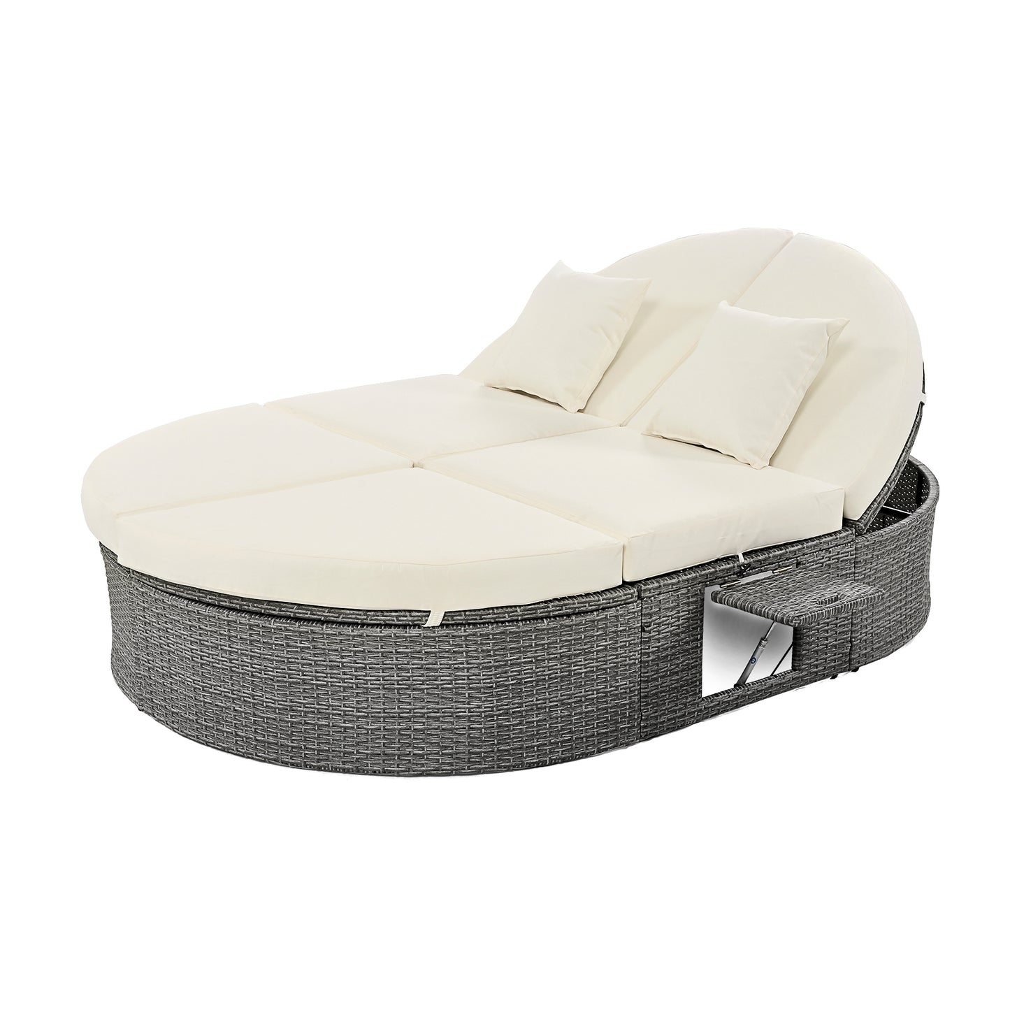 TOPMAX Outdoor Sun Bed Patio 2-Person Daybed with Cushions and Pillows, Rattan Garden Reclining Chaise Lounge with Adjustable Backrests and Foldable Cup Trays for Lawn, Poolside, Beige