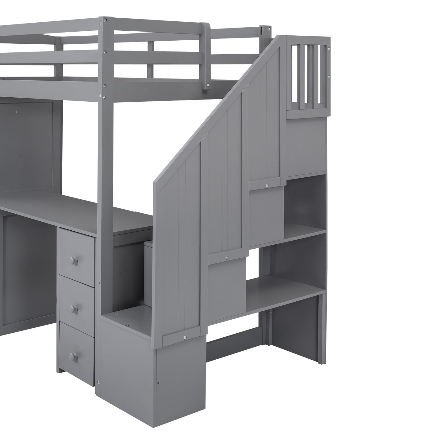 Twin Size Loft Bed with Wardrobe and Staircase, Desk and Storage Drawers and Cabinet in 1,Gray