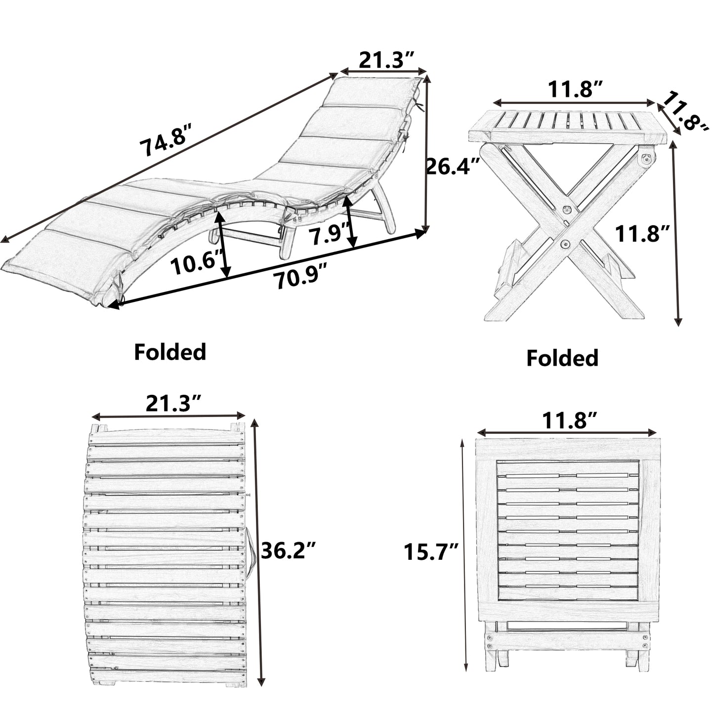 TOPMAX Outdoor Patio Wood Portable Extended Chaise Lounge Set with Foldable Tea Table for Balcony, Poolside, Garden, Brown