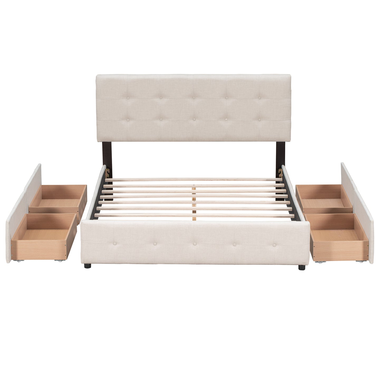 Upholstered Platform Bed with Classic Headboard and 4 Drawers, No Box Spring Needed, Linen Fabric, Queen Size Beige(OLD SKU :LP000114AAA)