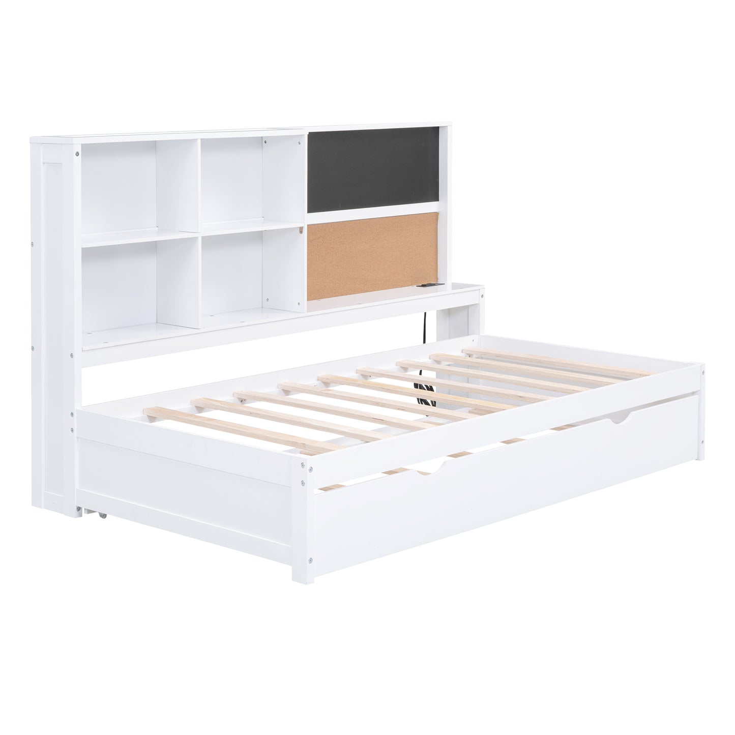 Twin Size Daybed with Storage Shelves, Blackboard, Cork board, USB Ports and Twin Size Trundle, White