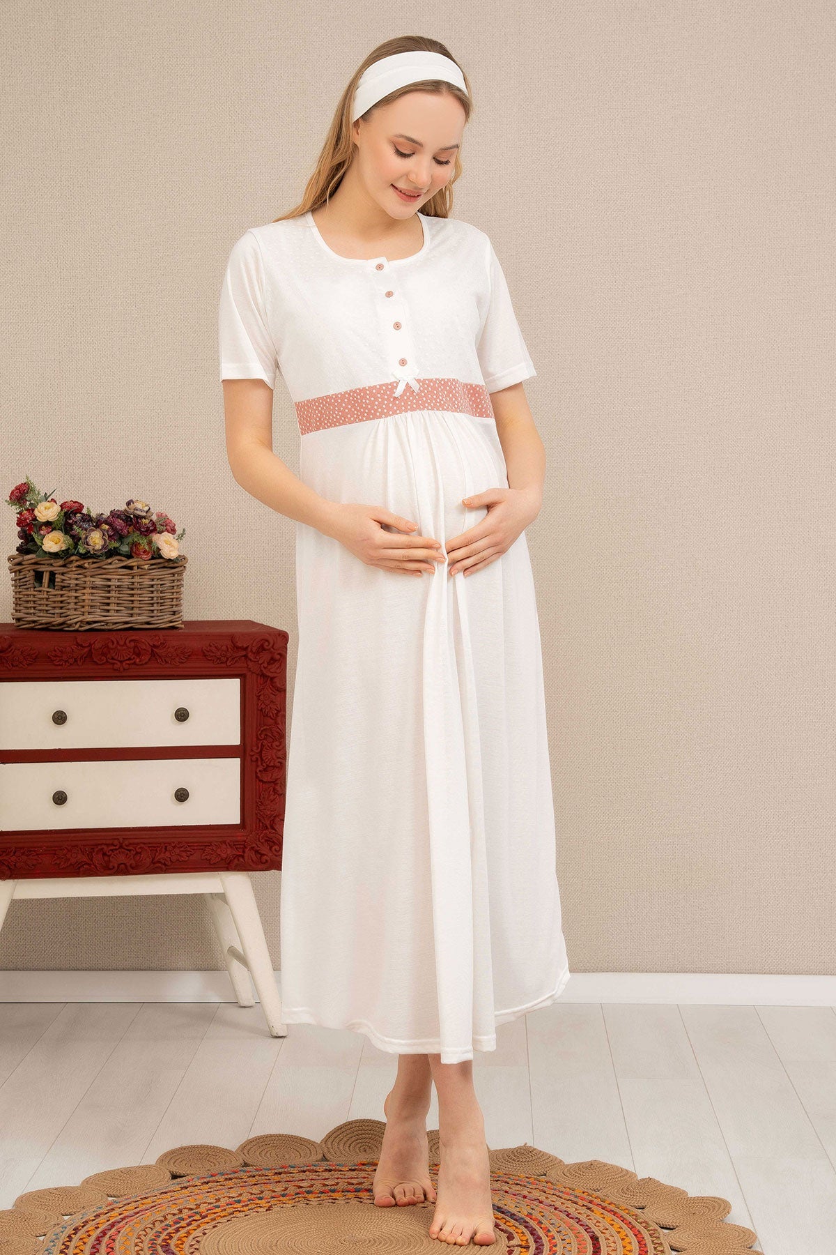 Shopymommy 4512 Maternity & Nursing Nightgown With Polka Dot Robe Dried Rose-1