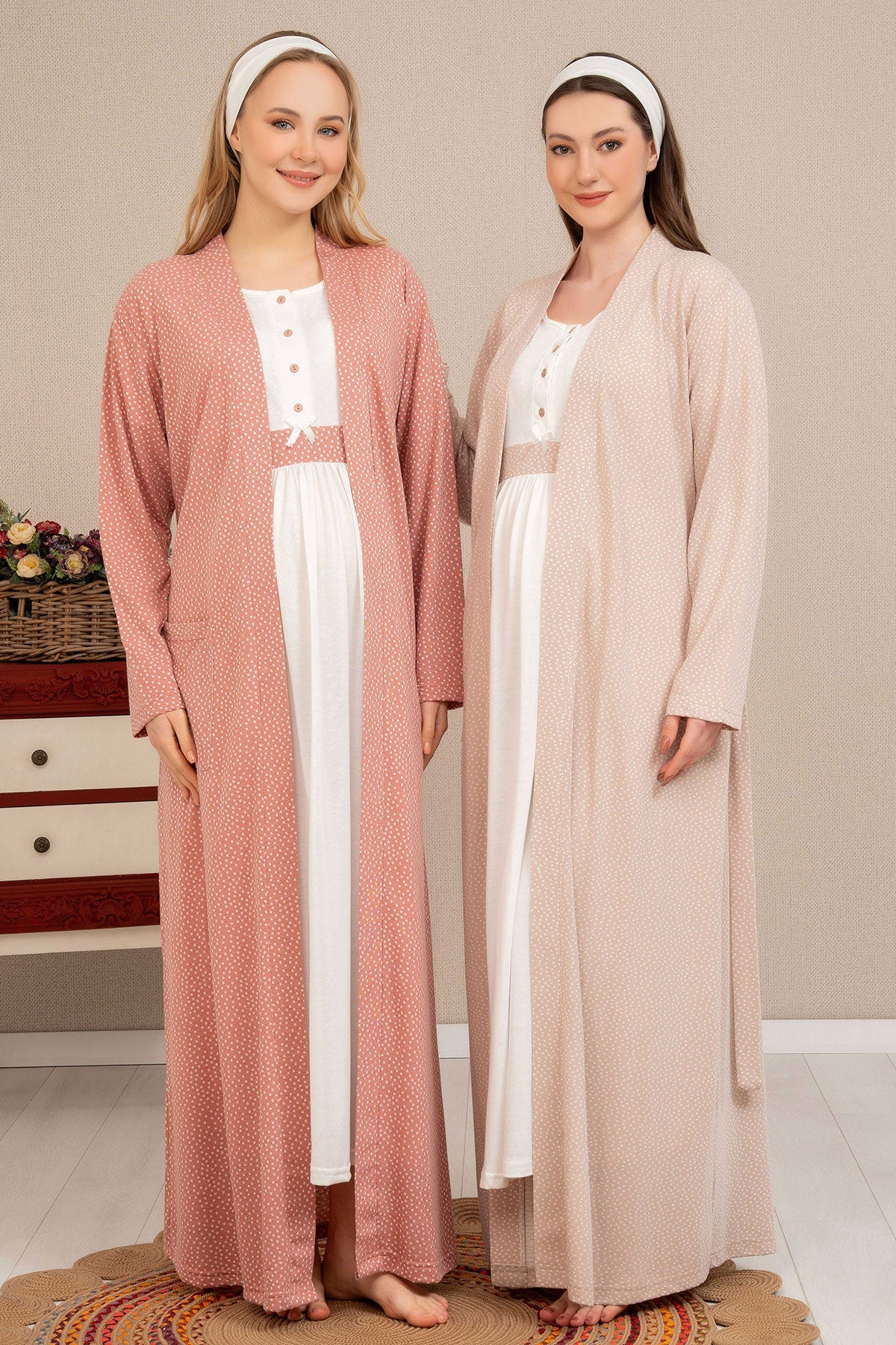 Shopymommy 4512 Maternity & Nursing Nightgown With Polka Dot Robe Dried Rose-2