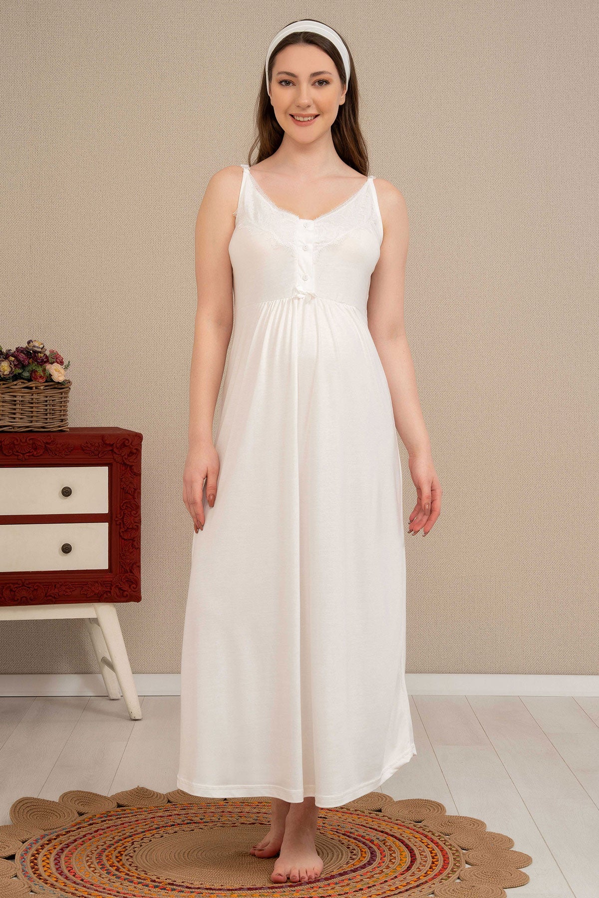 Shopymommy 4514 Double Breast Feeding Maternity & Nursing Nightgown With Lace Sleeve Robe Ecru-1