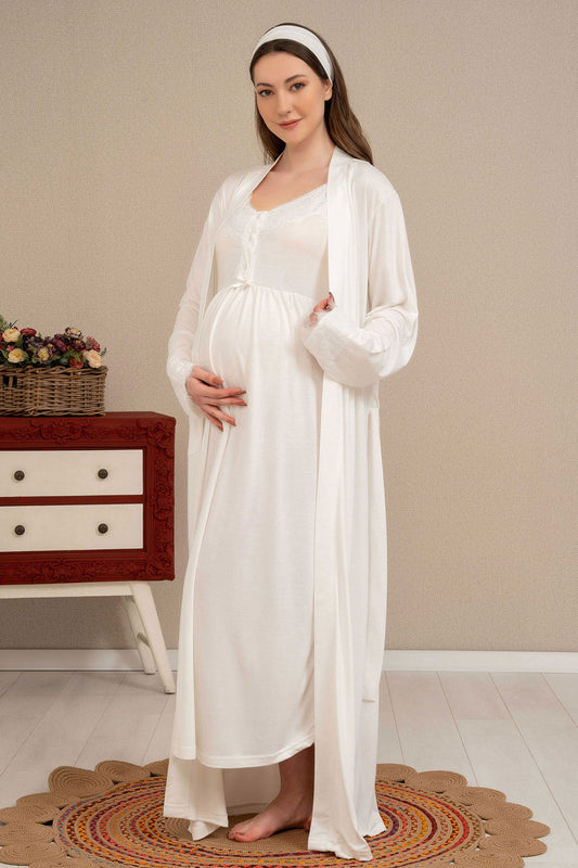 Shopymommy 4514 Double Breast Feeding Maternity & Nursing Nightgown With Lace Sleeve Robe Ecru-0