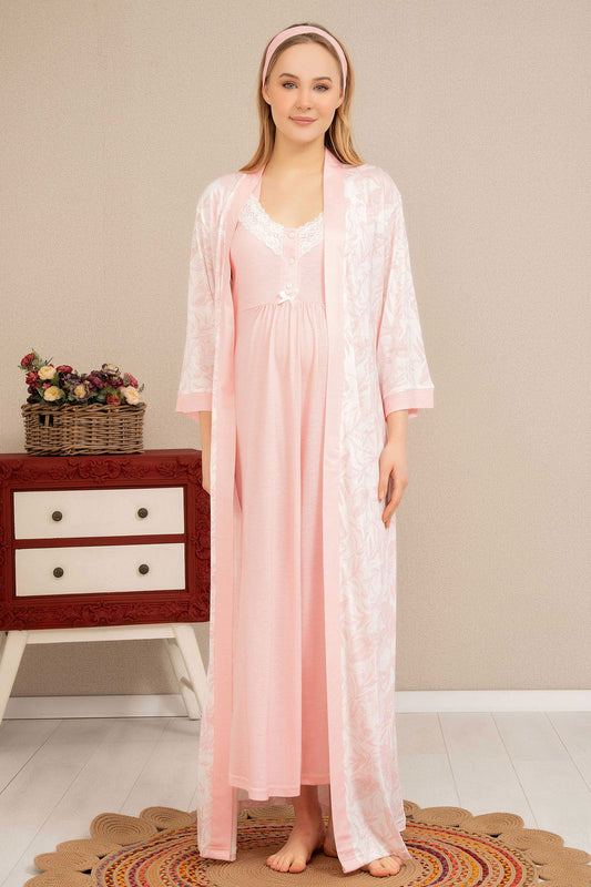 Shopymommy 4518 Lace Collar Maternity & Nursing Nightgown With Patterned Robe Pink-0