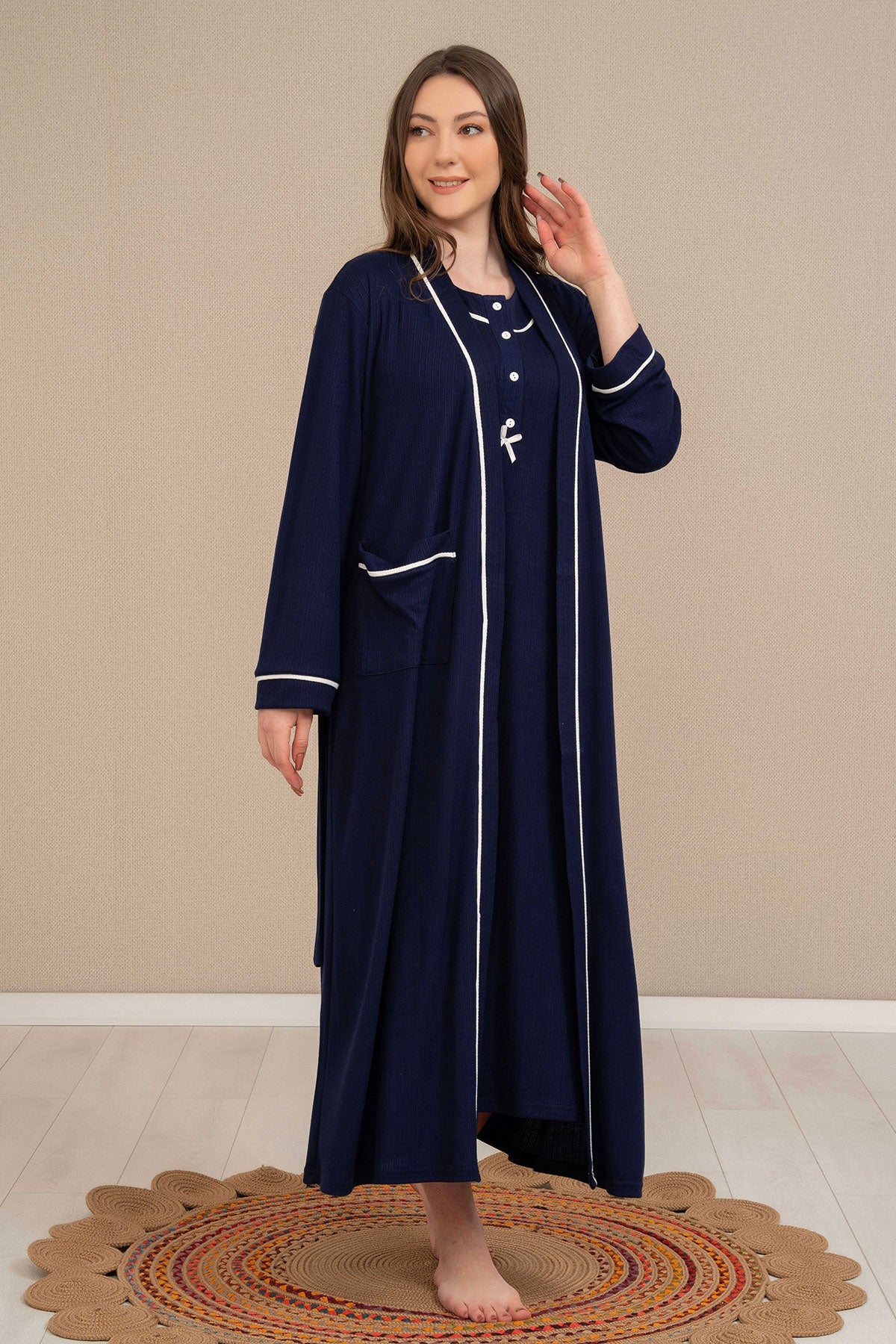 Shopymommy 4525 Strap Maternity & Nursing Nightgown Stripe Robe Navy Blue-0