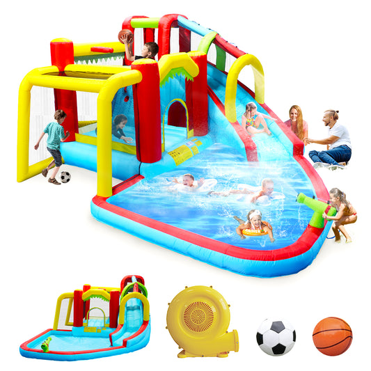 7 in1 Inflatable slide water park bouncing house outdoor Soccer garden bouncer with Splash pool  & Water gun & Climbing wall & Basketball & Football