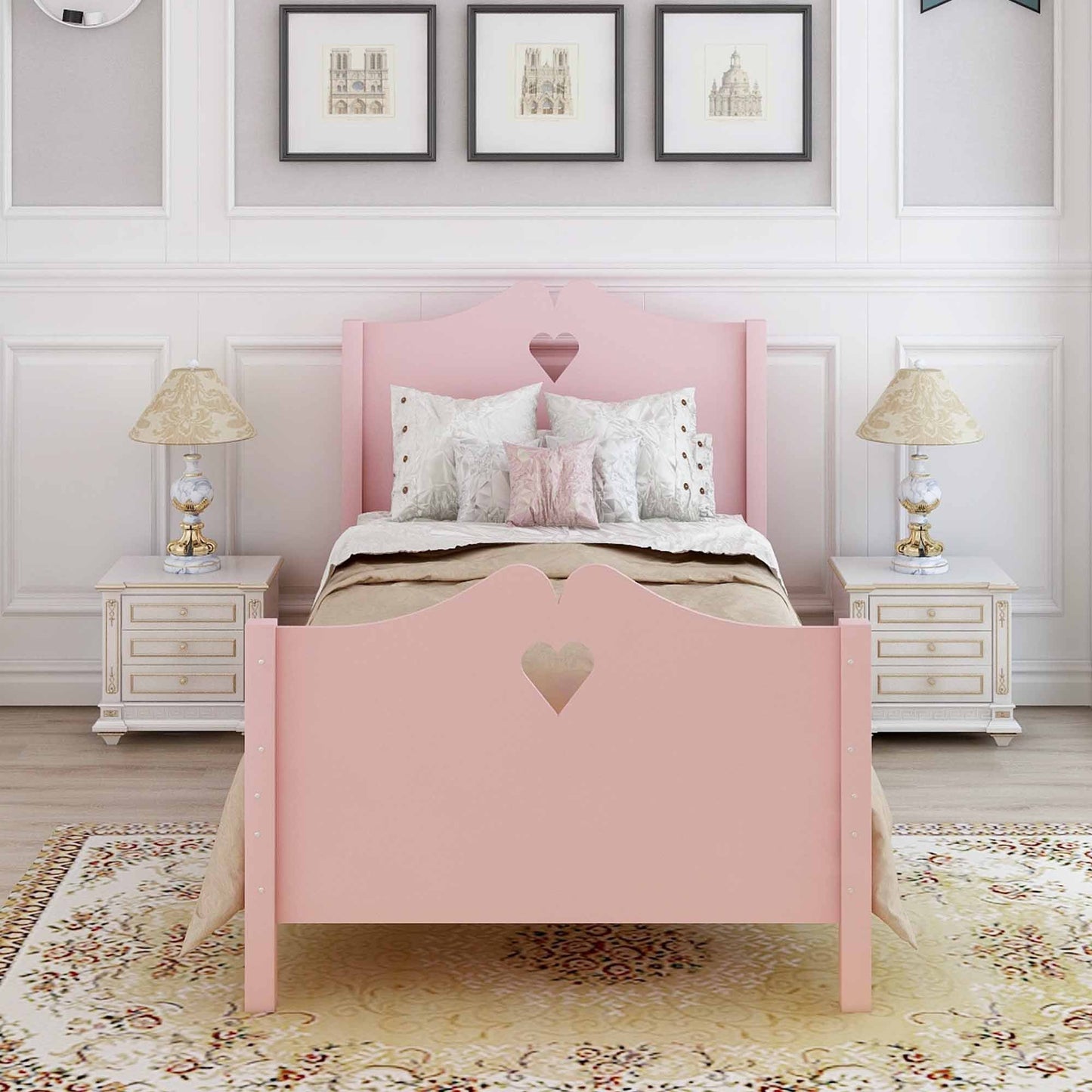 Twin Size Wood Platform Bed with Headboard,Footboard and Wood Slat Support  (Pink)