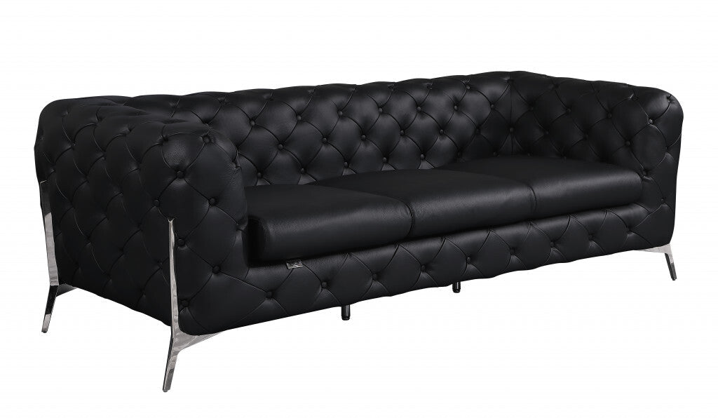 93" Black Genuine Tufted Leather and Chrome Standard Sofa