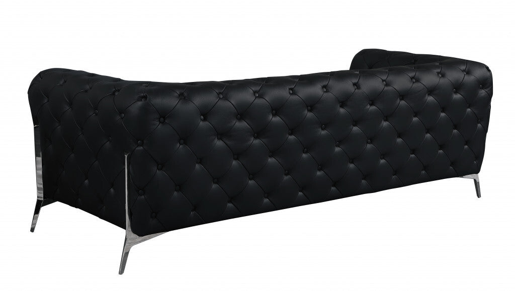 93" Black Genuine Tufted Leather and Chrome Standard Sofa