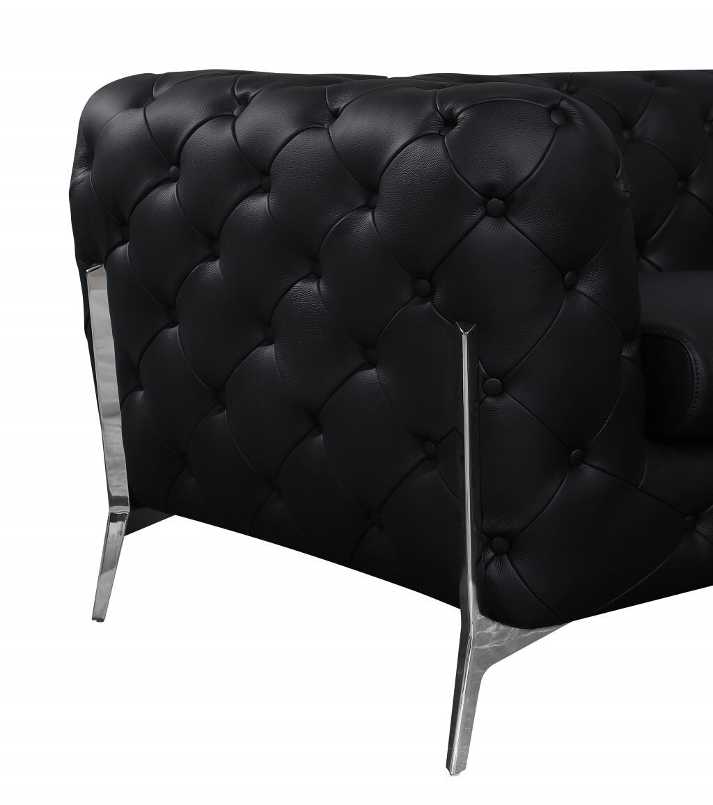 93" Black Genuine Tufted Leather and Chrome Standard Sofa