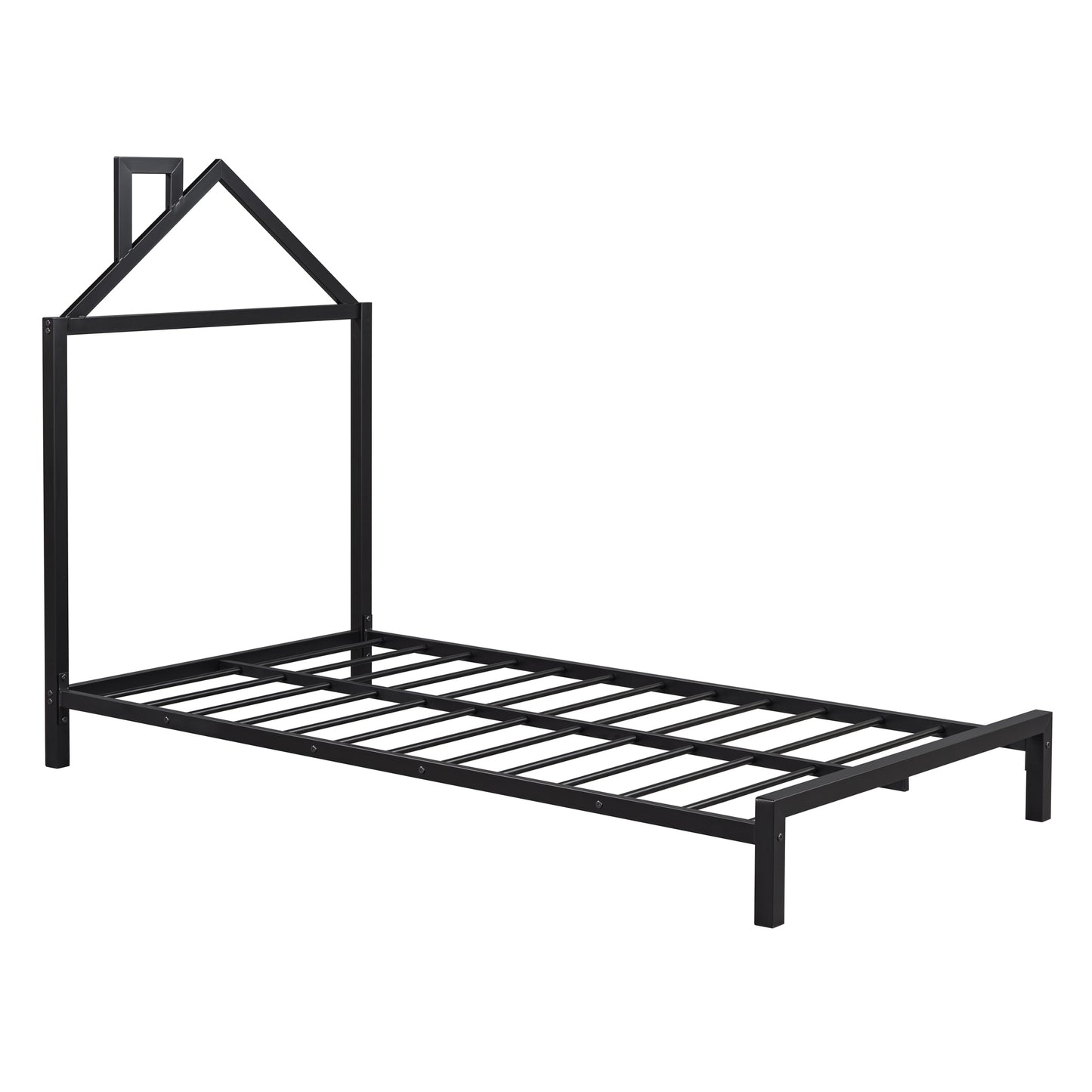 Twin Size Metal Platform Bed with House-Shaped Headboard Design, Black