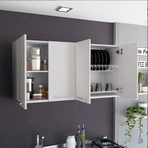 Wall Cabinet Four Doors, With Two Internal Shelves And Internal Plate And Glass Organizer, White