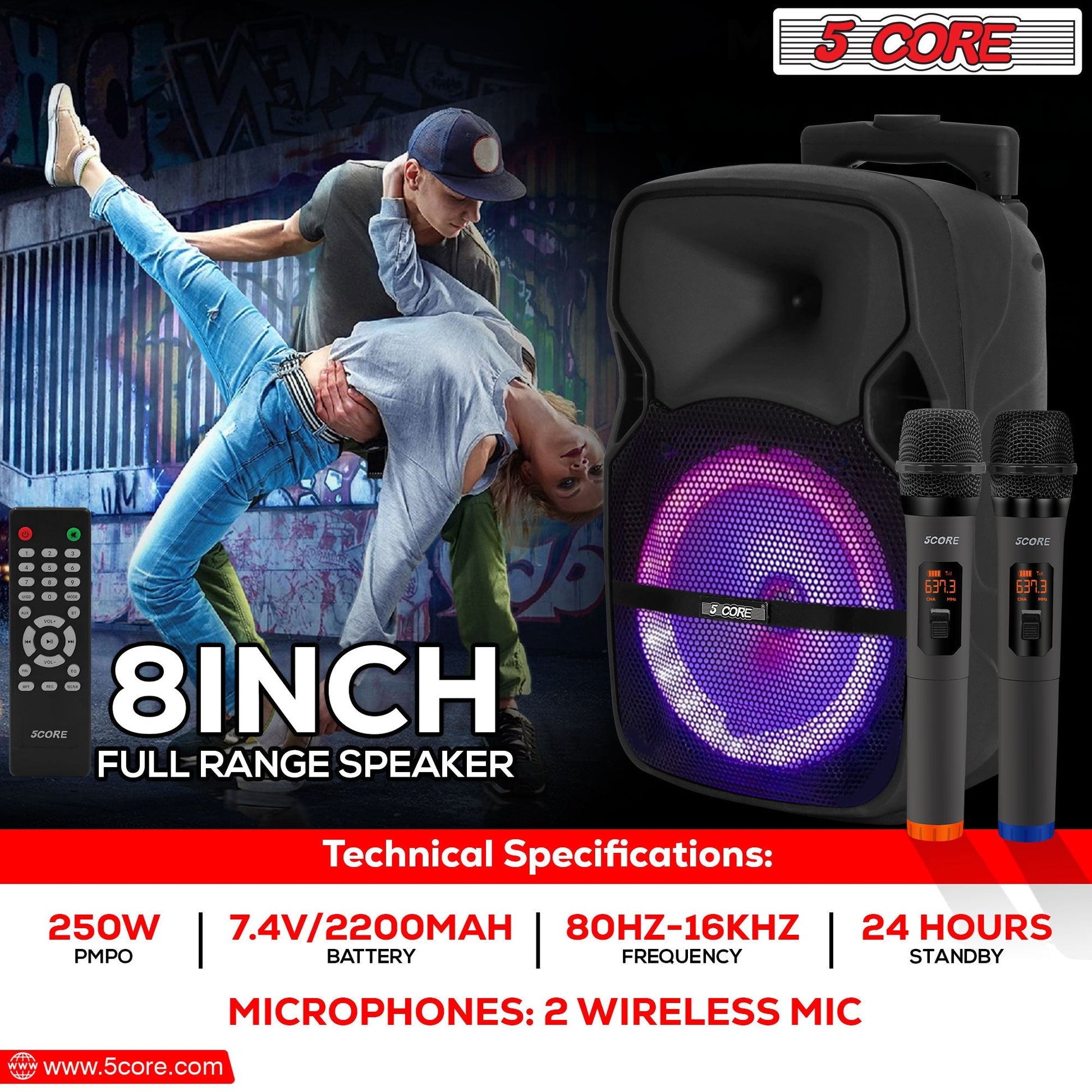 5 Core DJ Speakers 8" Rechargeable Powered PA System 250W Loud Speaker - Active Home 8 2-MIC-6