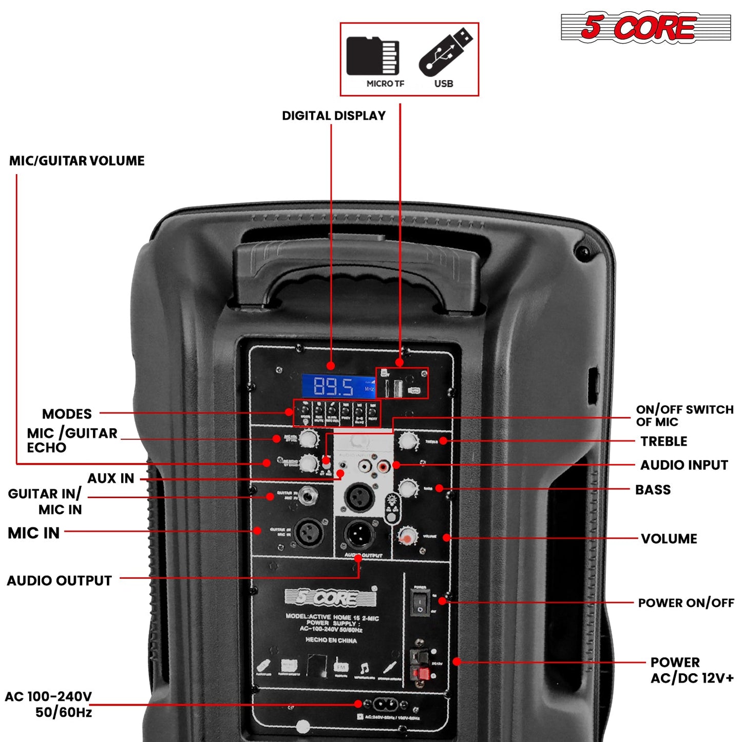 5Core15 inch PA Portable Bluetooth Party Speaker Karaoke Boombox + 2 Wireless Mics-3