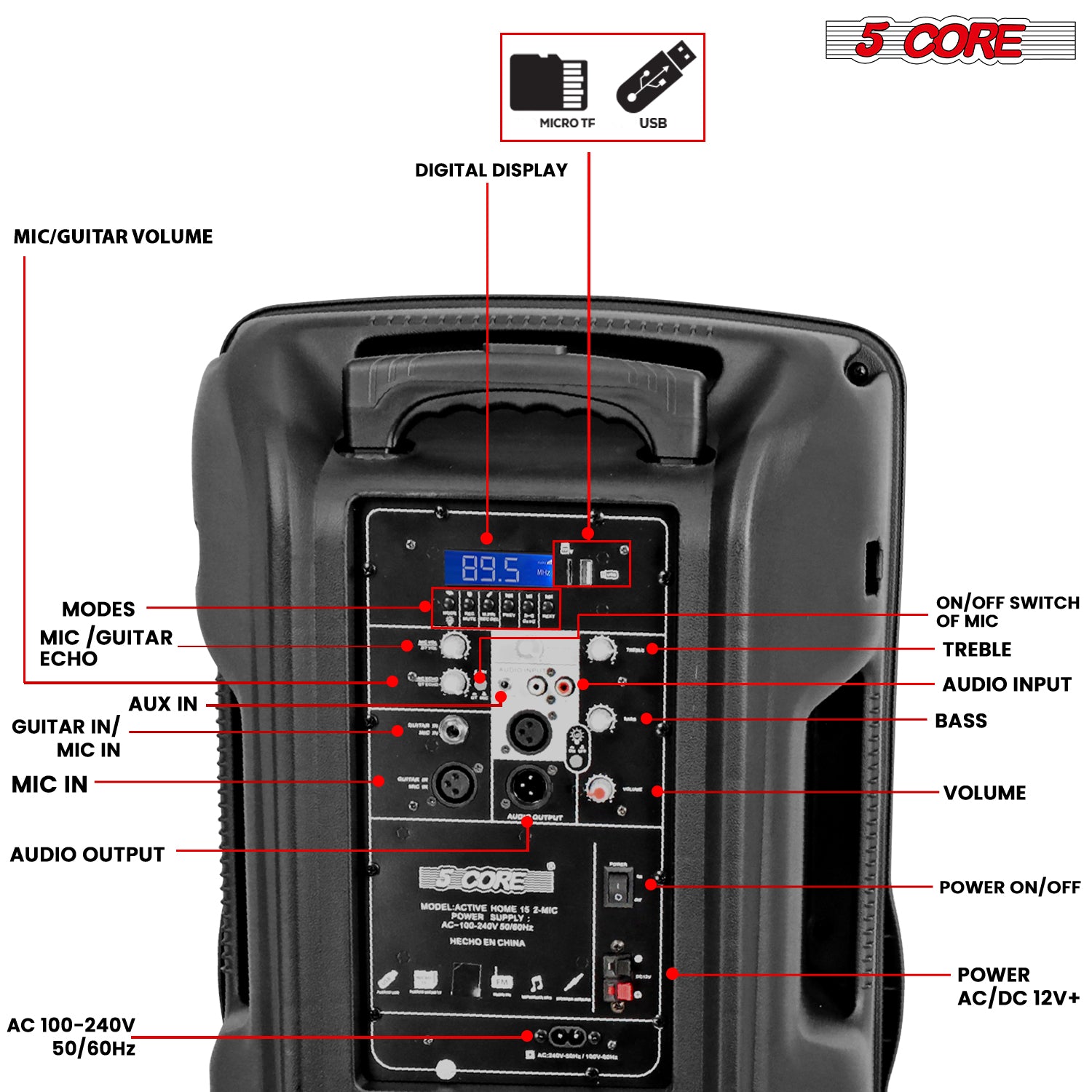 5Core15 inch PA Portable Bluetooth Party Speaker Karaoke Boombox + 2 Wireless Mics-3