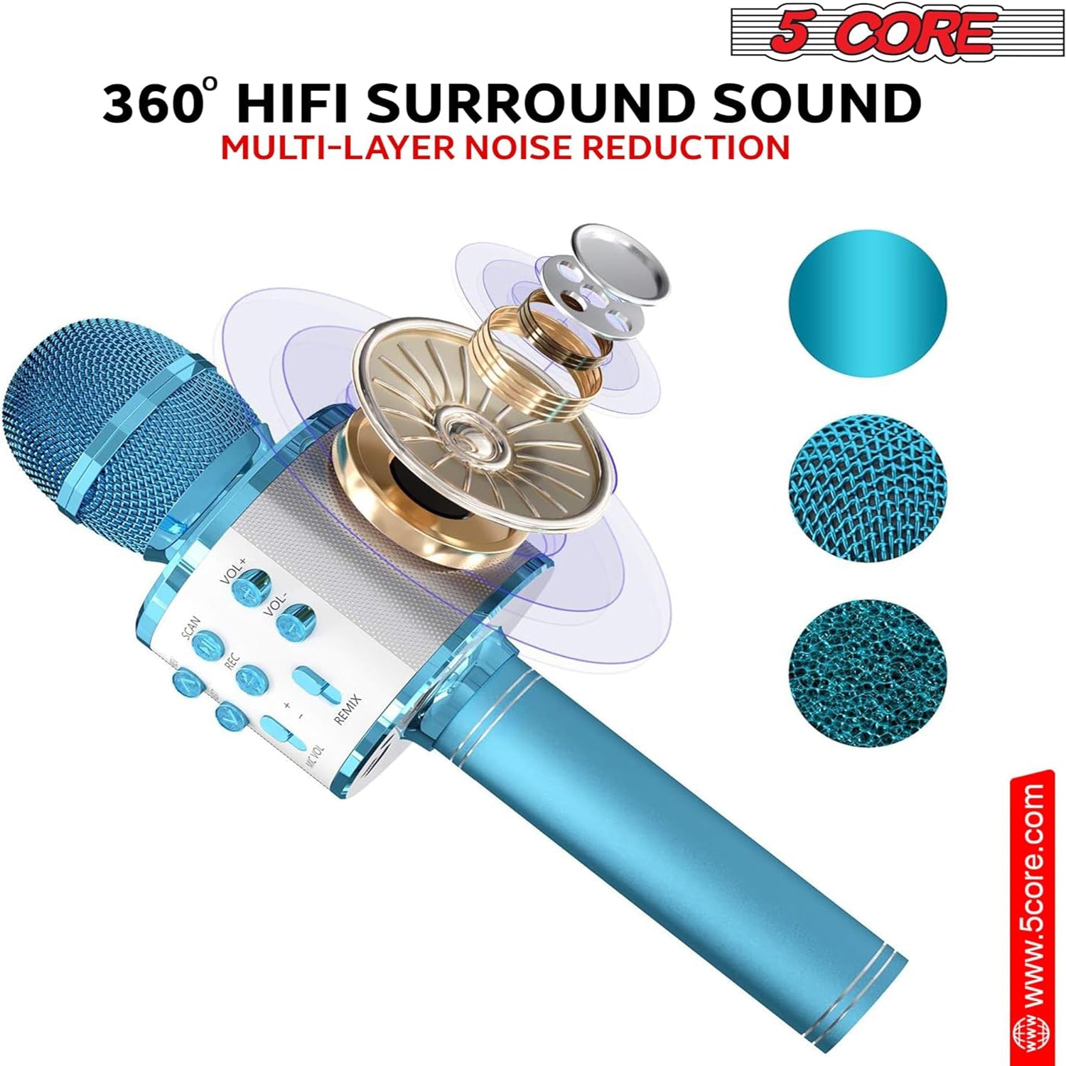 5 Core Karaoke Wireless Microphones Microfono Inalambrico Toy w Stereo Speaker SD Card & USB Playback 2Pcs Pink & Blue-2