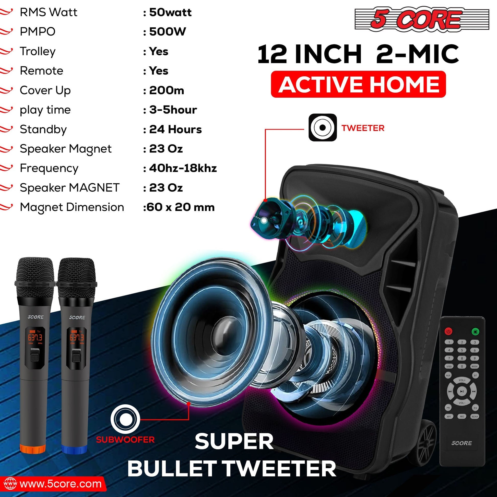 5 Core DJ Speakers 12" Rechargeable Powered PA System 250W Loud Speaker - ACTIVE HOME 12 2-MIC-4