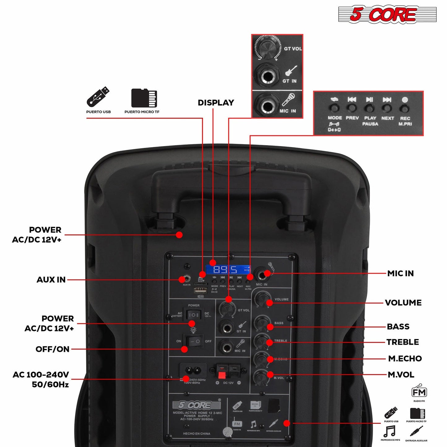 5Core 12 inch PA Portable Bluetooth Party Speaker Karaoke Boombox + 2 Wireless Mics-3