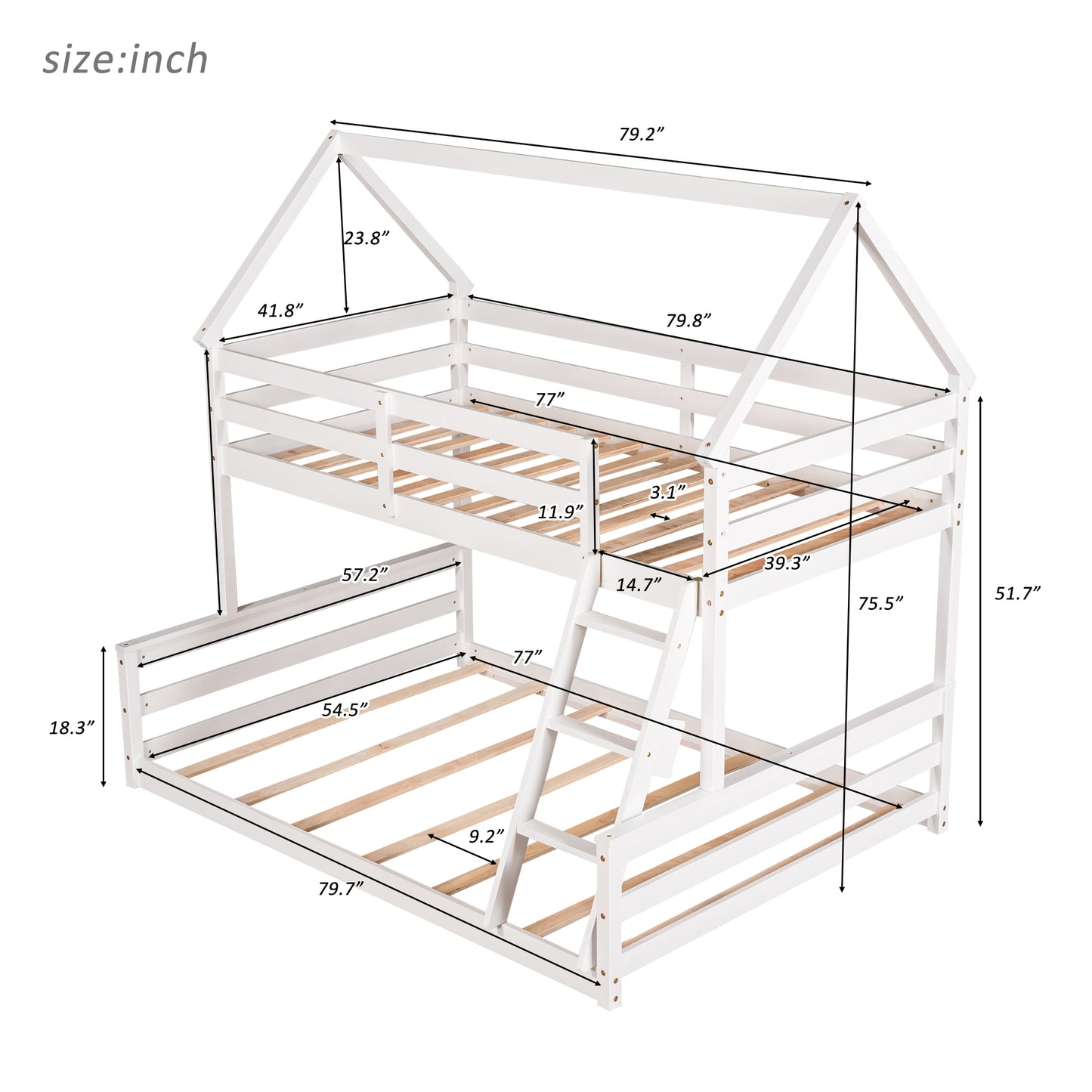 Twin over Full House Bunk Bed with Built-in Ladder,White