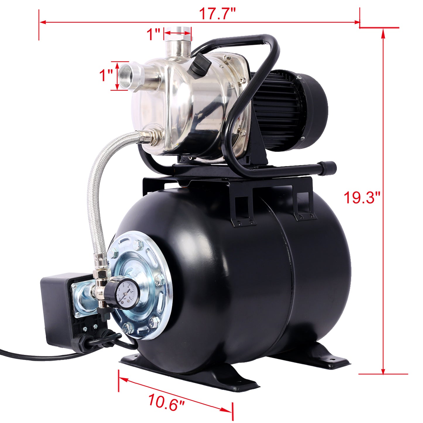 1.6HP Shallow Well Pump with Pressure Tank,garden water pump, Irrigation Pump,Automatic Water Booster Pump for Home Garden Lawn Farm，stainless steel head