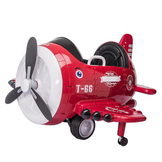 12V Electric Kids Ride on Toy Plane with USB, FM, Wind-Driven Propeller, 360-Degree Rotating by 2 Joysticks, Remote Control for Kids 3 to 6, Red