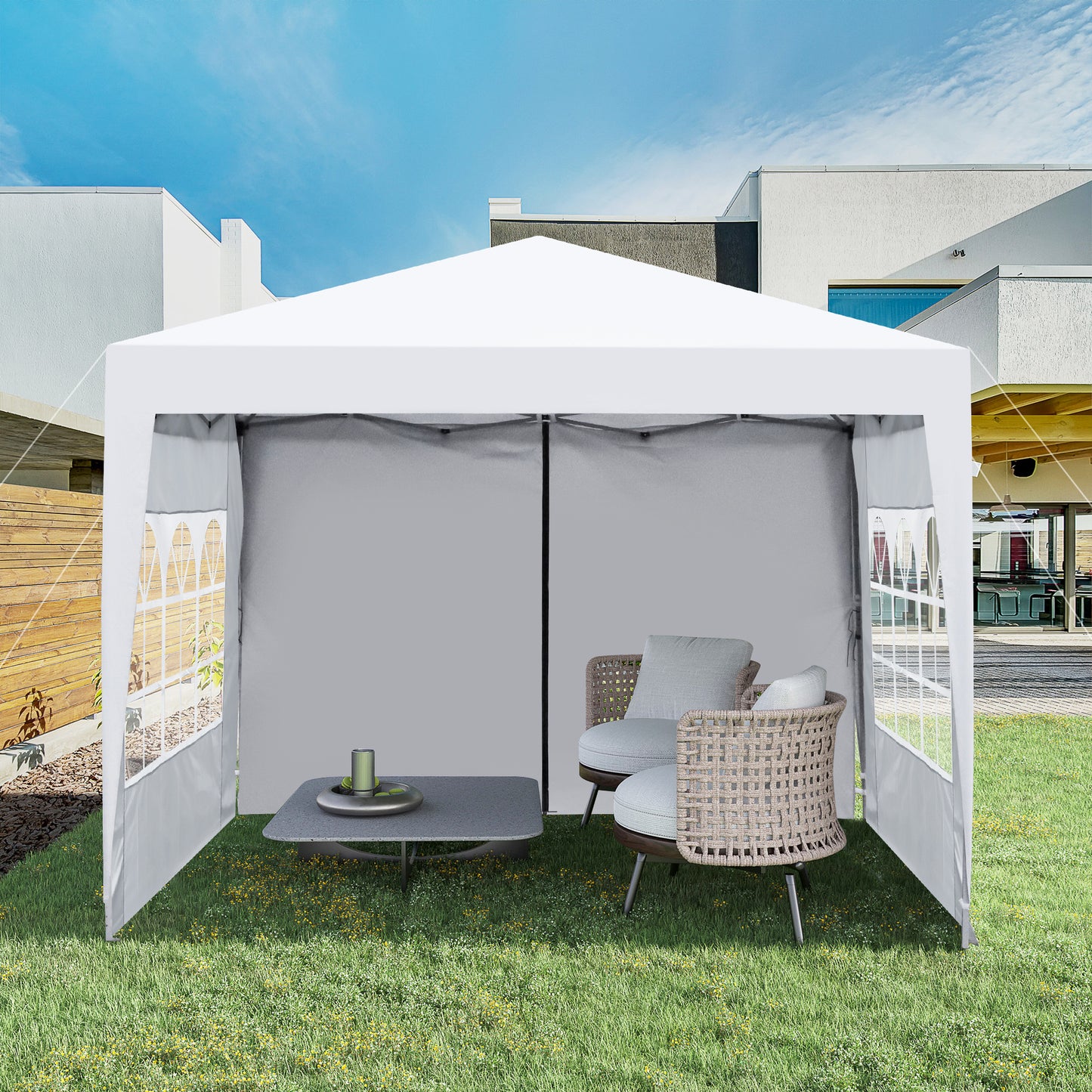 Outdoor 10x 10Ft Pop Up Gazebo Canopy Tent Removable Sidewall with Zipper,2pcs Sidewall with Windows,with 4pcs Weight sand bag,with Carry Bag,White