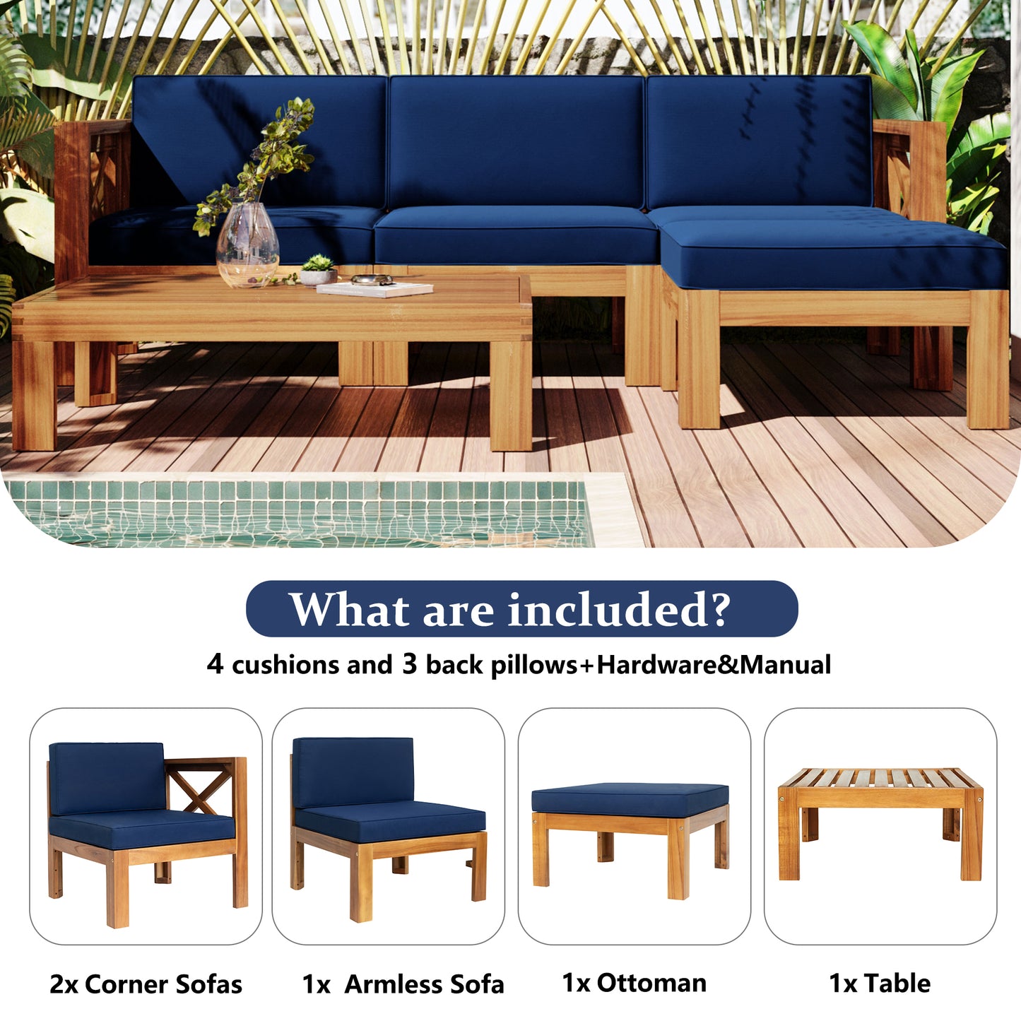 TOPMAX Outdoor Backyard Patio Wood 5-Piece Sectional Sofa Seating Group Set with Cushions, Natural Finish+ Blue Cushions