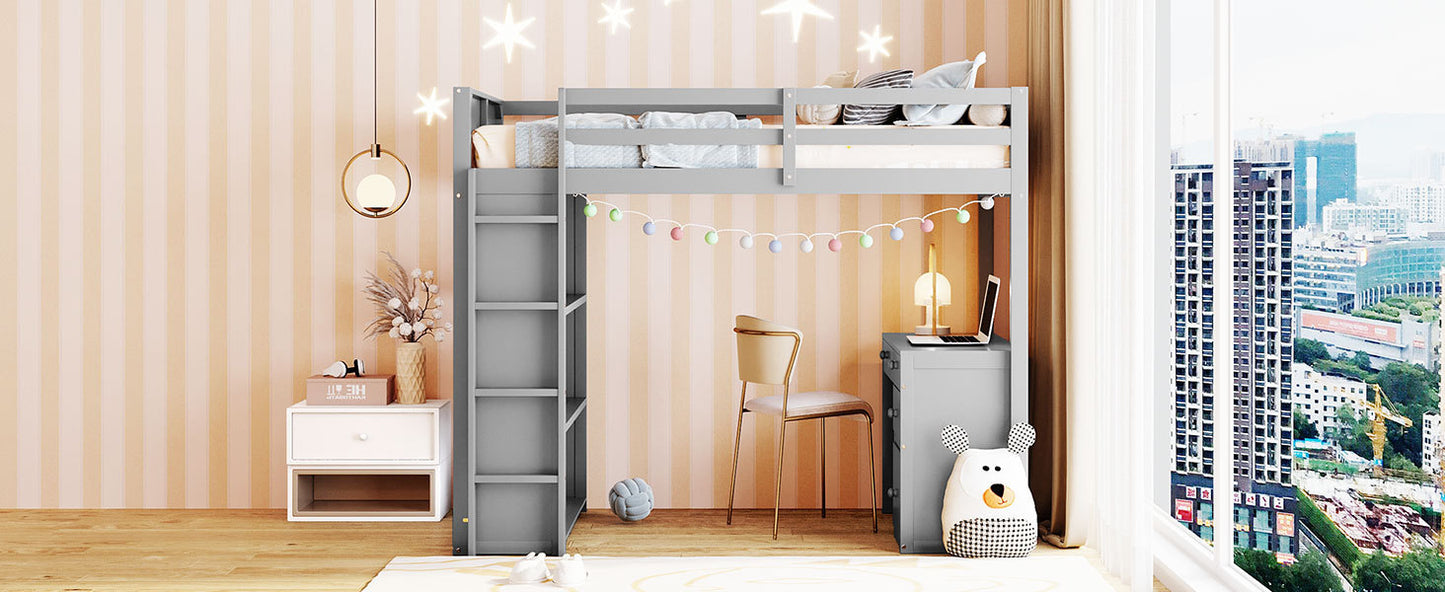 Twin Size Loft Bed with Ladder, Shelves, and Desk, Gray