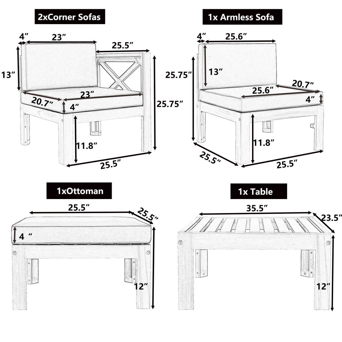 TOPMAX Outdoor Backyard Patio Wood 5-Piece Sectional Sofa Seating Group Set with Cushions, Natural Finish+ Blue Cushions