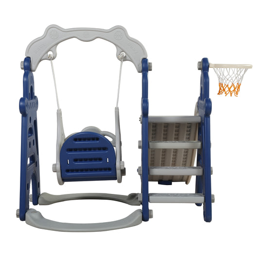 Kids Swing and Slide Set 3-in-1 Slide with Basketball Hoop for Indoor and Outdoor Activity Center,Blue+Gray