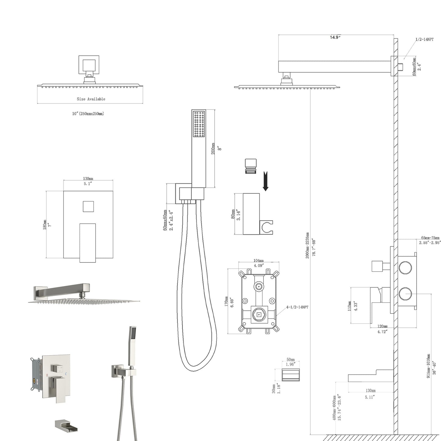 Shower System with Waterfall Tub Spout,10 Inch Wall Mounted Square Shower System with Rough-in Valve, Brushed Nickel