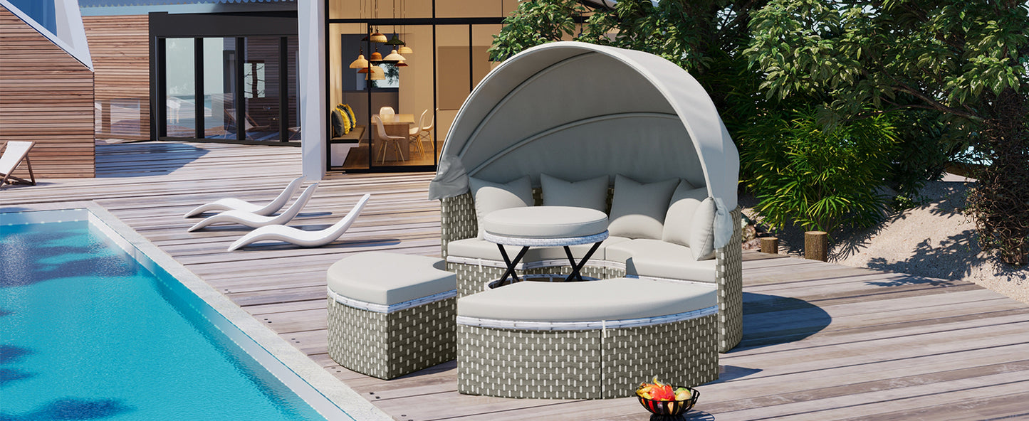 TOPMAX Patio Furniture Round Outdoor Sectional Sofa Set Rattan Daybed Two-Tone Weave Sunbed with Retractable Canopy, Separate Seating and Removable Cushion, Gray