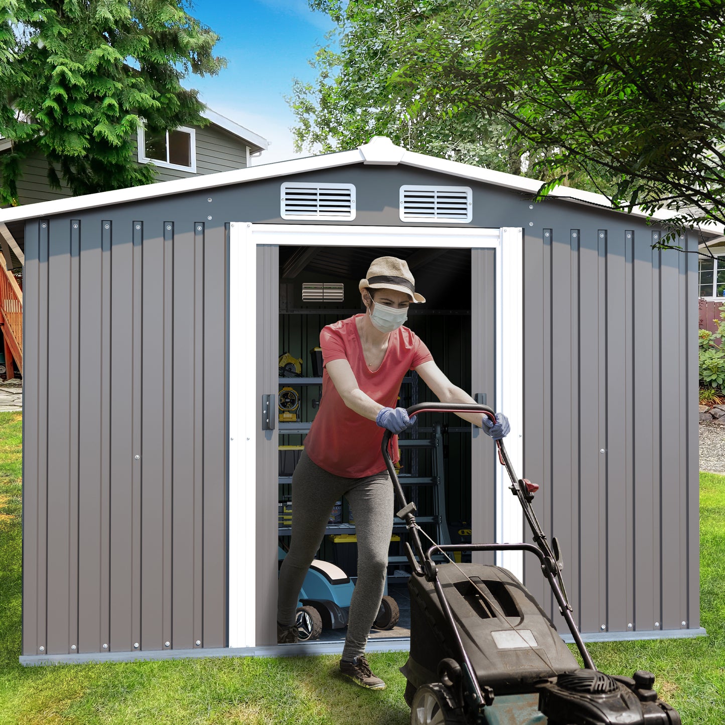 Patio, Lawn & Garden,Metal Outdoor Storage Shed 10FT x 8FT, Clearance with Lockable Door Metal Garden Shed Steel Anti-Corrosion Storage House Waterproof Tool Shed for Backyard Patio, Lawn and Garden