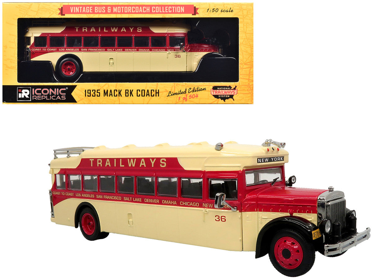 1935 Mack BK Coach Bus "Trailways" Beige and Red "Vintage Bus & Motorcoach Collection" Limited Edition to 504 pieces Worldwide 1/64 Diecast Model by Iconic Replicas-2