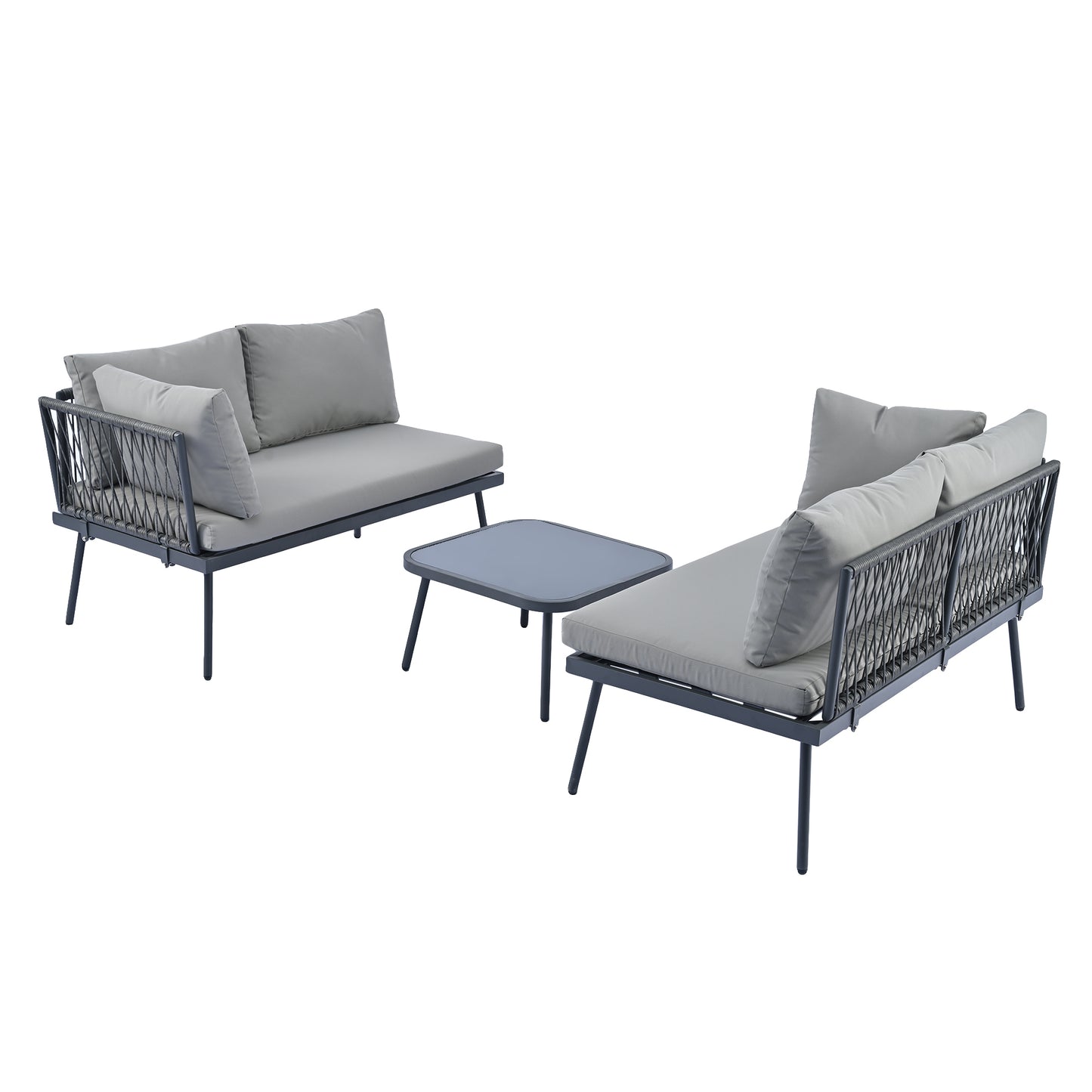 TOPMAX Modern Outdoor 3-Piece PE Rattan Sofa Set All Weather Patio Metal Sectional Furniture Set with Cushions and Glass Table for Backyard, Poolside, Garden, Gray,L-Shaped