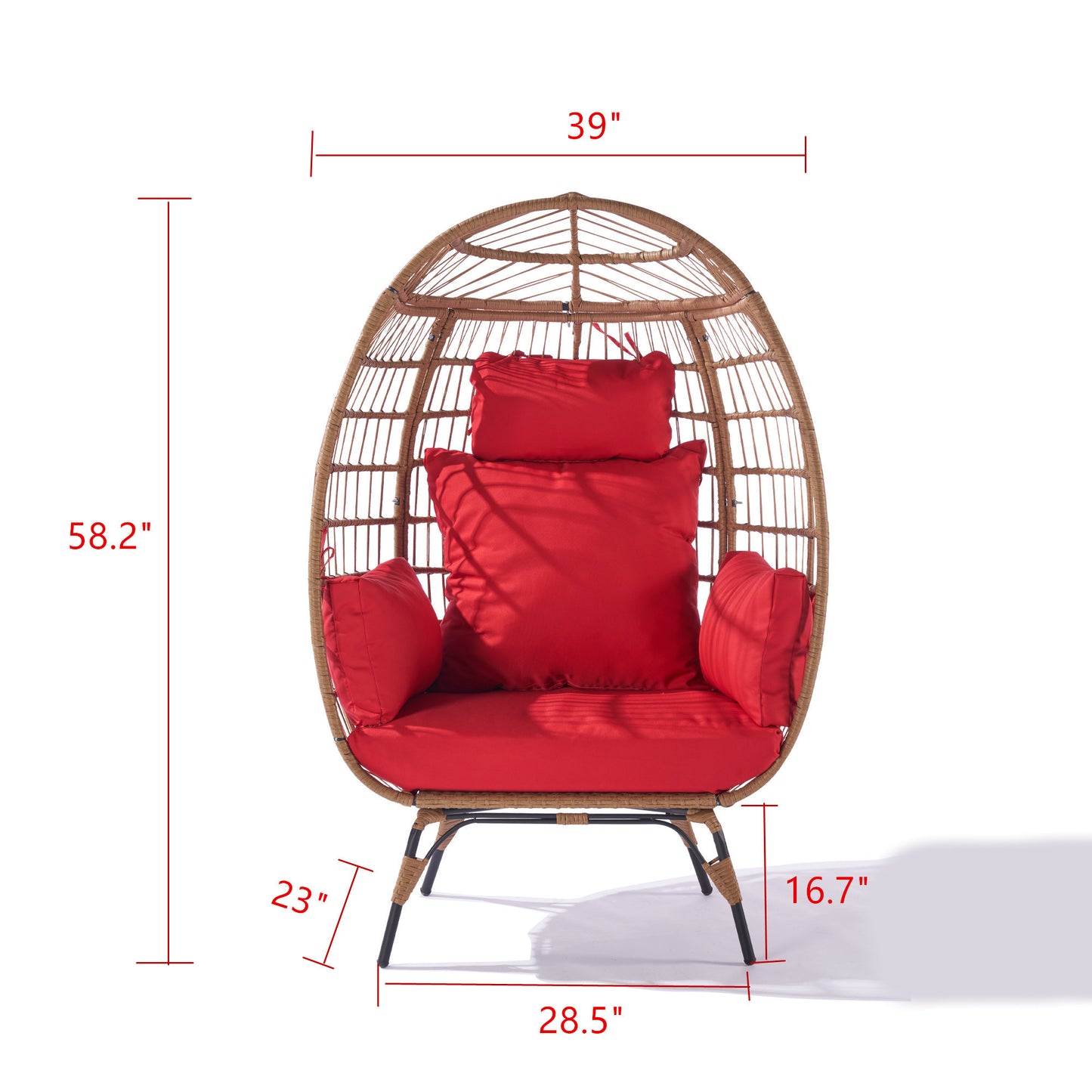 Wicker Egg Chair, Oversized Indoor Outdoor Lounger for Patio, Backyard, Living Room w/ 5 Cushions, Steel Frame, - Red