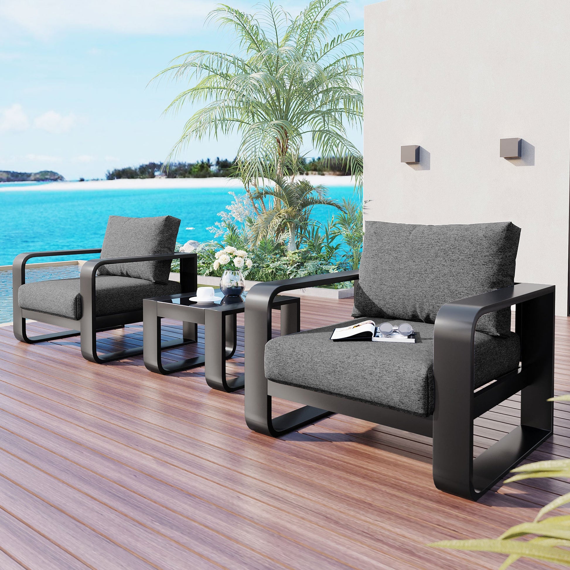 GO 3-pieces Aluminum Frame Patio Furniture With 6.7" Thick Cushion And Coffee Table, All Weather Use Olefin fabric Outdoor Chair, Gray And Black